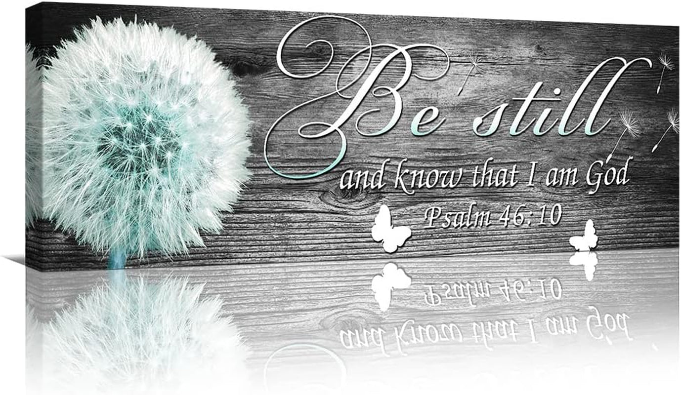 Scripture Bible Verse Wall Art Rustic Farmhouse Grey Dandelion Canvas Print Artwork Be Still and Know Inspirational Sign Wall Art Decor for Office Living Room Home Decor Framed Ready to Hang 6"X17"