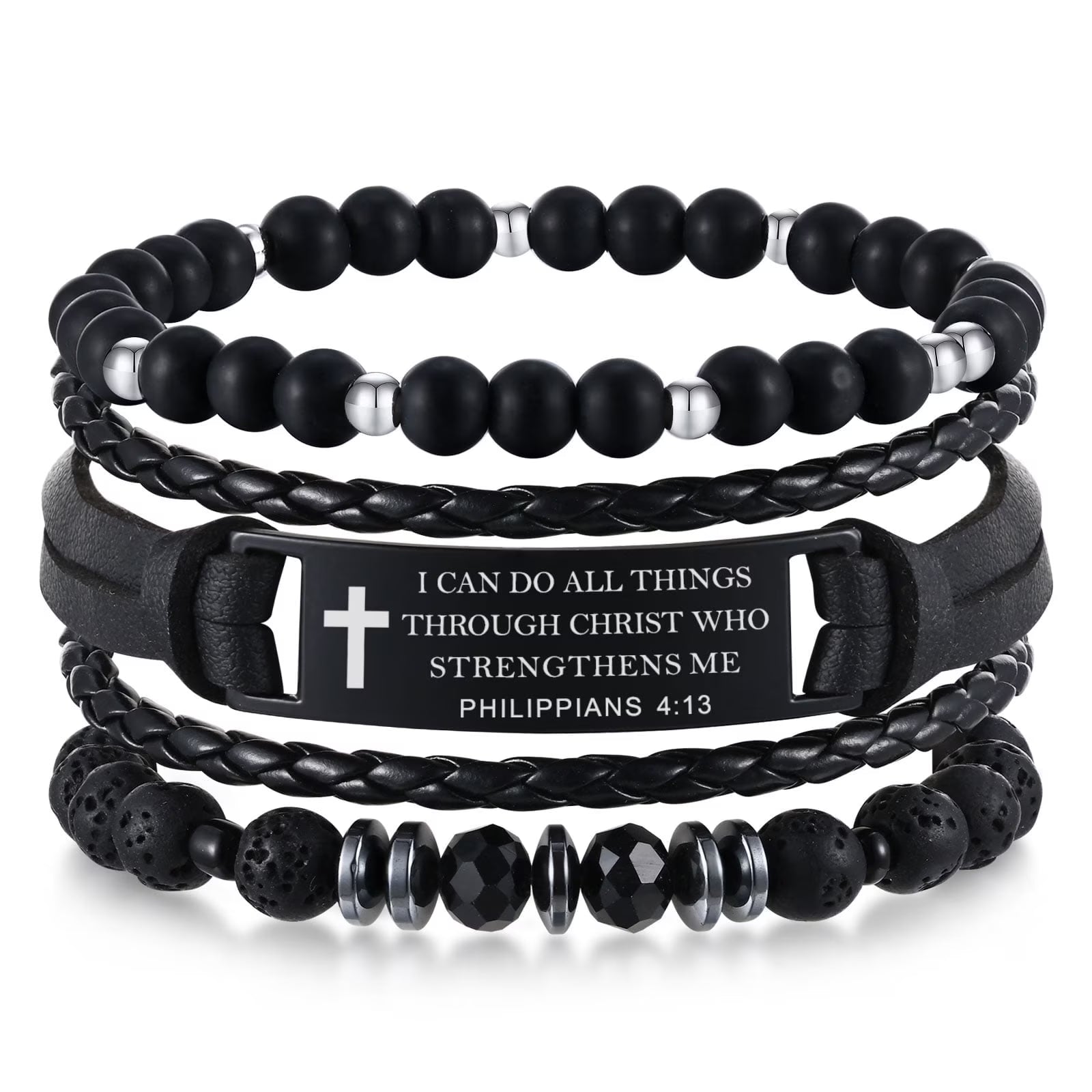 Christian Bible Verse Bracelets for Men, 3 Pcs Inspirational Religious Scripture Quotes Black Onyx Lava Rock Bead Cross Braided Leather Jesus Bracelet, First Communion Confirmation Baptism Gifts