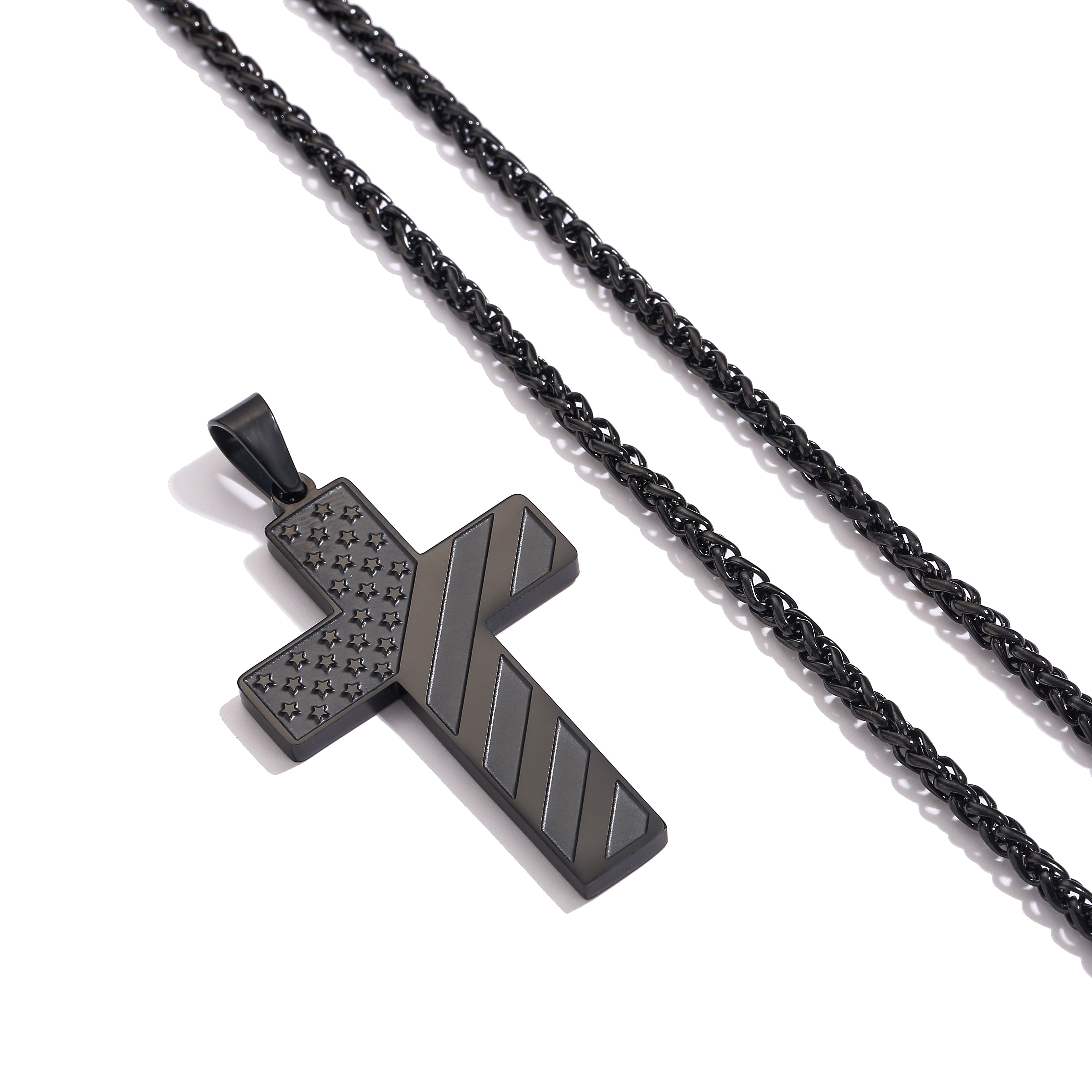 Cross Necklace for Men Stainless Steel Cross Pendant Chain American Flag USA Country Necklaces Religious Christian Jewelry Gifts Black