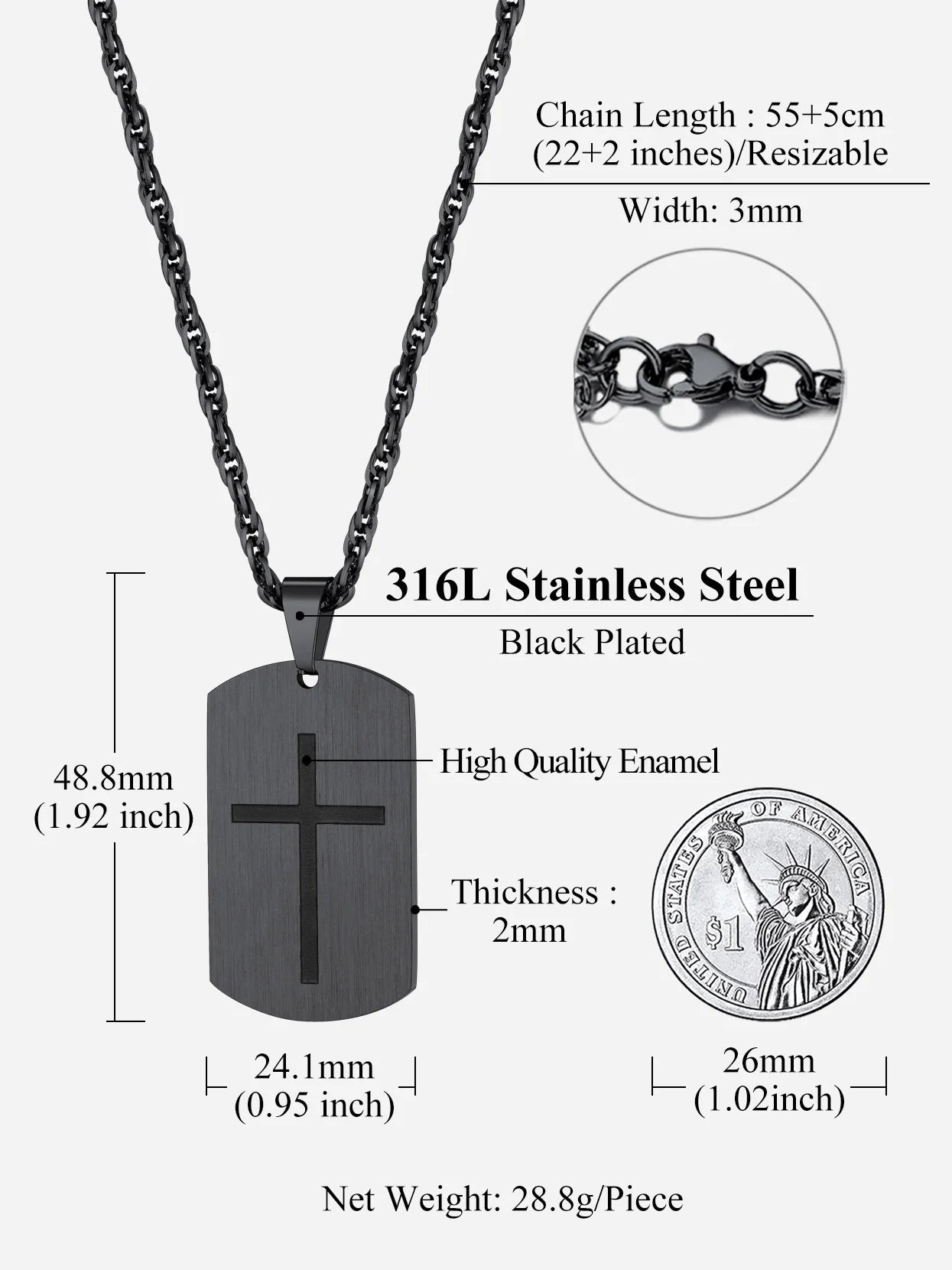 Cross Necklace for Men Stainless Steel Dog Tag Bible Verse Black Pendant Chain Christmas Jewelry Gifts for Son