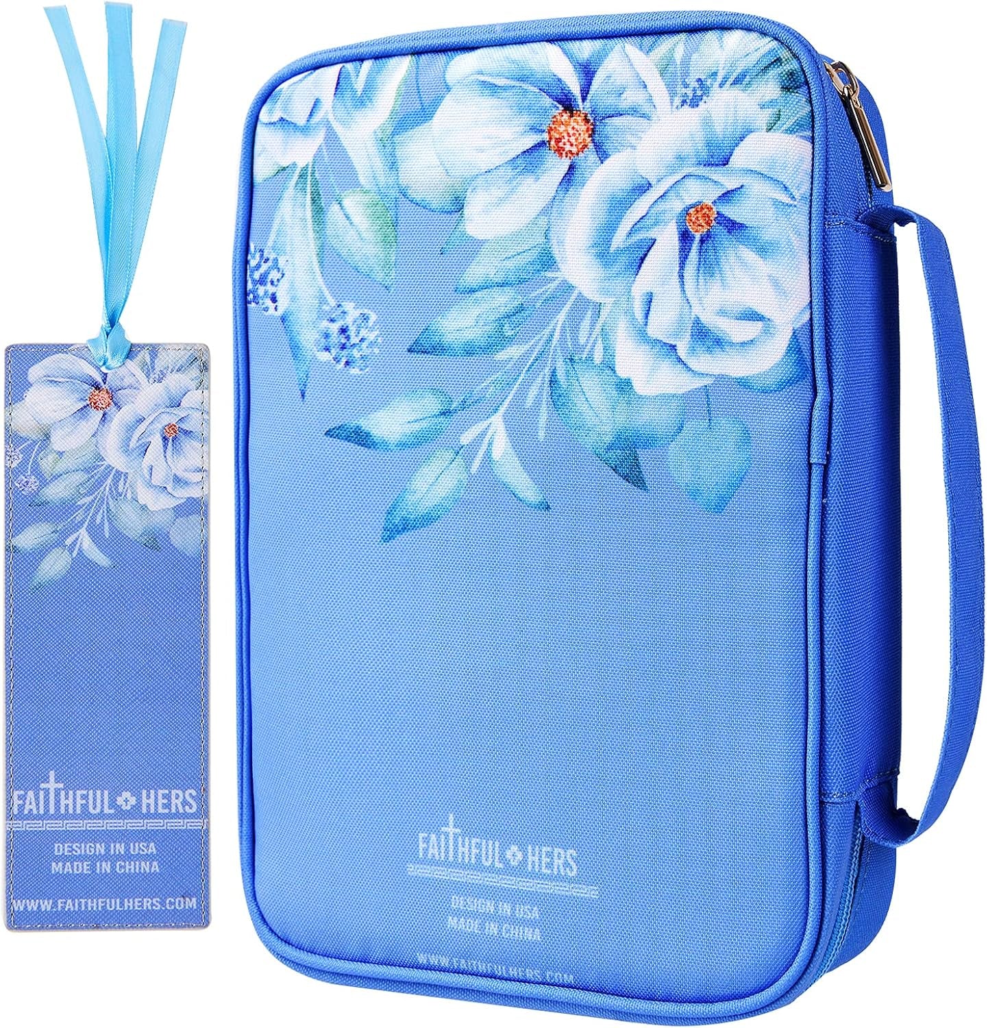 Bible Cover, Carrying Book Case Church Bag Bible Protective with Handle & Front Pocket, Perfect Gift for Mother Kids Girls Women 10X7.5X2.4In (Winter Floral), Medium