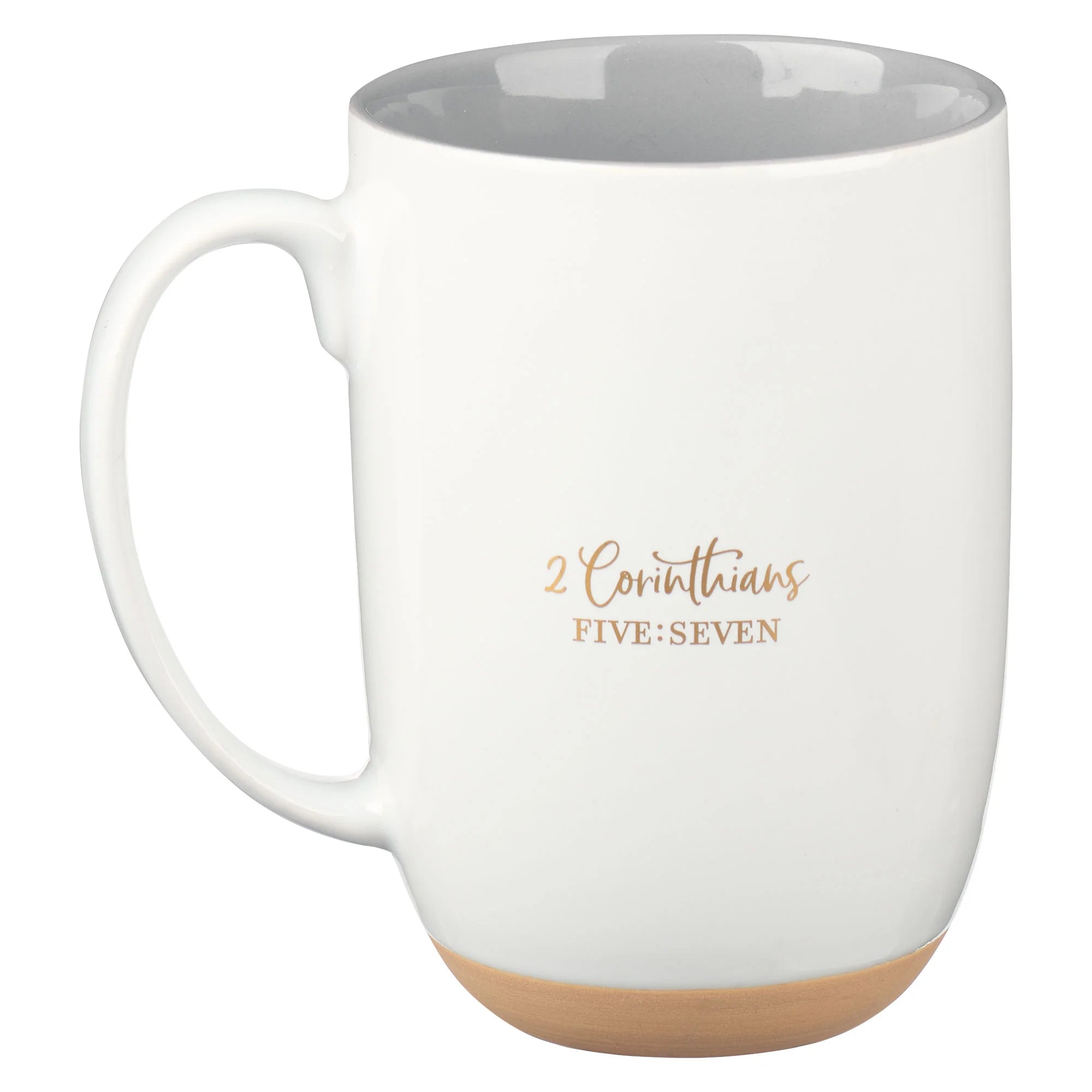 Large Ceramic Novelty Scripture Coffee & Tea Mug for Men & Women: Walk by Faith Inspirational Bible Verse W/Clay Base & Gold, Non-Toxic Lead-Free Drinkware, White & Gray, 15 Oz.