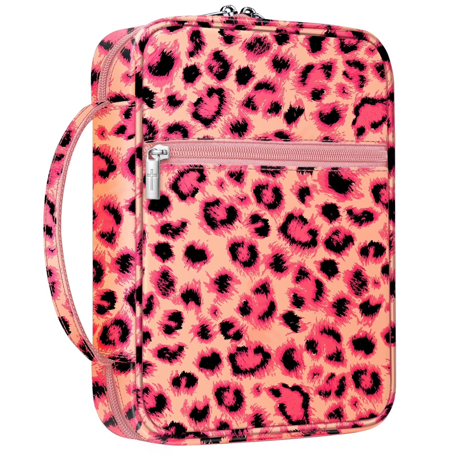 Bible Cover, Carrying Book Case Church Bag Bible Protective with Handle and Zippered Pocket, Perfect Gift for Men Women Father, Pink Leopard