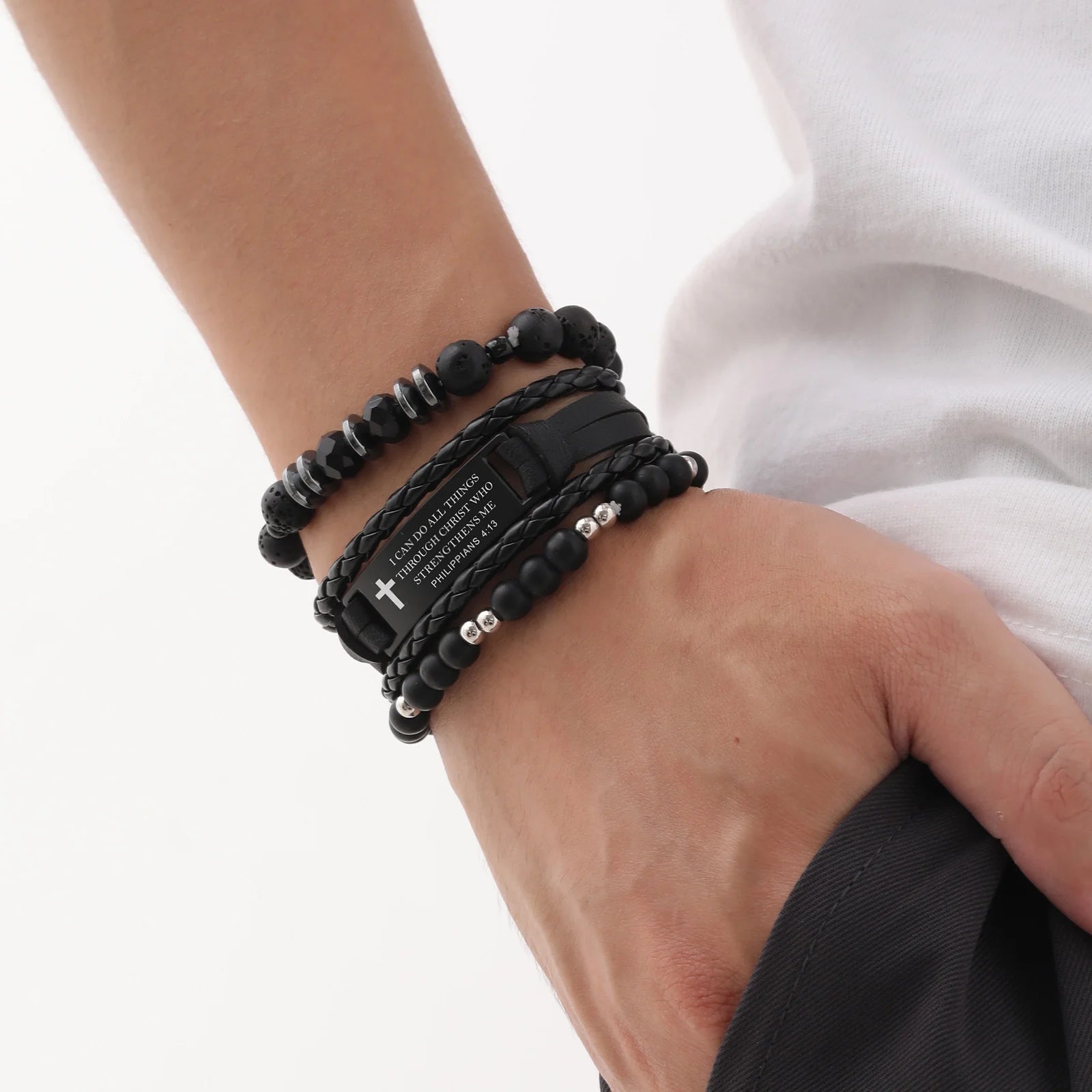 Christian Bible Verse Bracelets for Men, 3 Pcs Inspirational Religious Scripture Quotes Black Onyx Lava Rock Bead Cross Braided Leather Jesus Bracelet, First Communion Confirmation Baptism Gifts