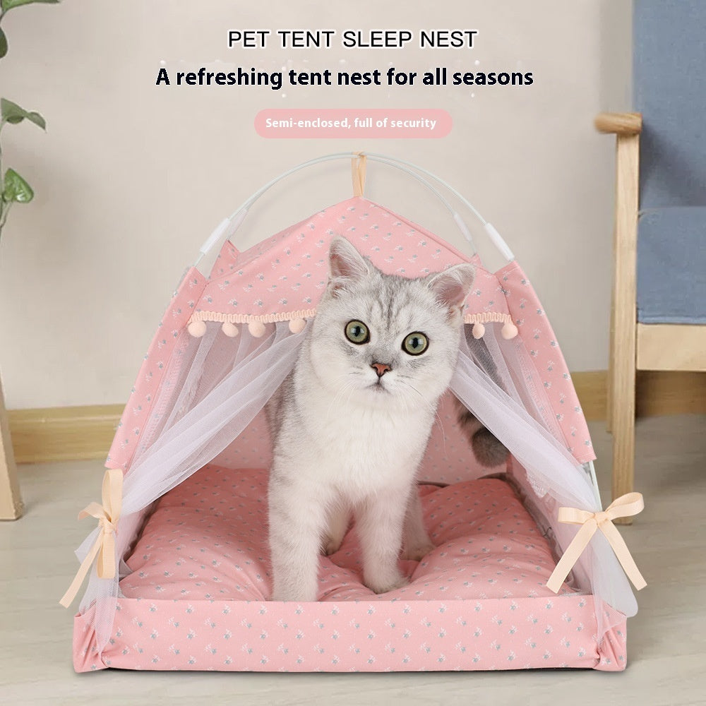 Foldable Outdoor Pet Tent with Cat Nest Kennel Summer Semi-Closed House Mat