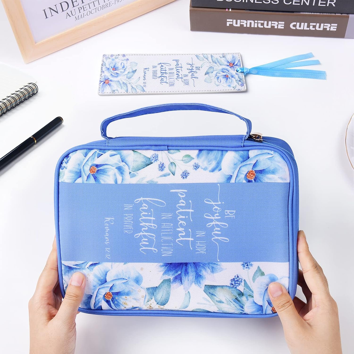 Bible Cover, Carrying Book Case Church Bag Bible Protective with Handle & Front Pocket, Perfect Gift for Mother Kids Girls Women 10X7.5X2.4In (Winter Floral), Medium