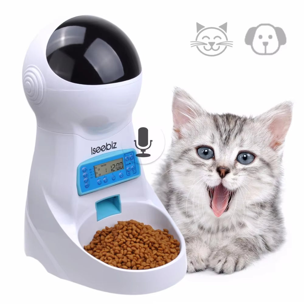 Iseebiz 3L Automatic Pet Feeder with Voice Record Pets Food Bowl for Medium Small Dog Cat LCD Screen Dispensers 4 Times One Day