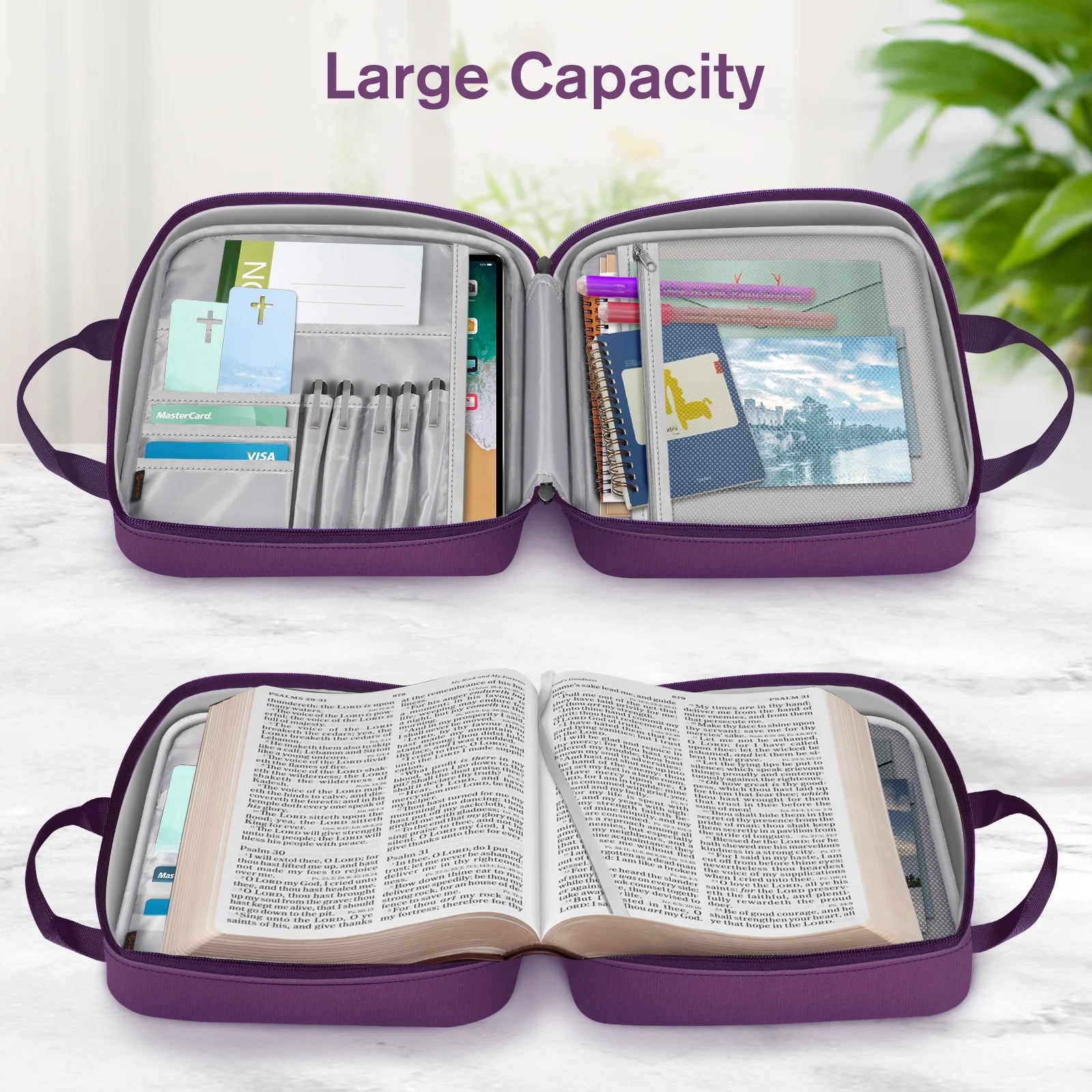 Extra Large Bible Cover, Carrying Book Case Church Bag Bible Protective with Detachable Shoulder Strap & Zippered Pocket, Gift for Men Women, Purple