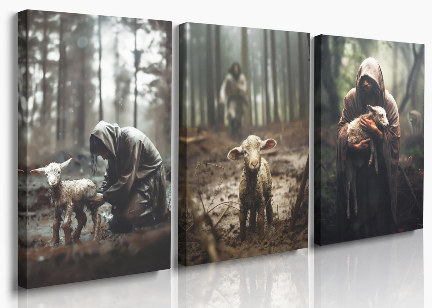 Jesus and Lamb Canvas Wall Art Set of 3 Jesus Running after Lost Lamb Picture Wa