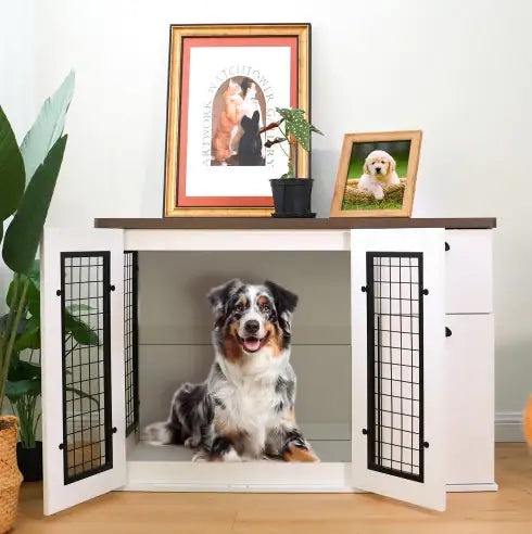 Furniture Style Dog Cage, Wooden Dog Crate, Double Door, Side Cabinet Dog Cage