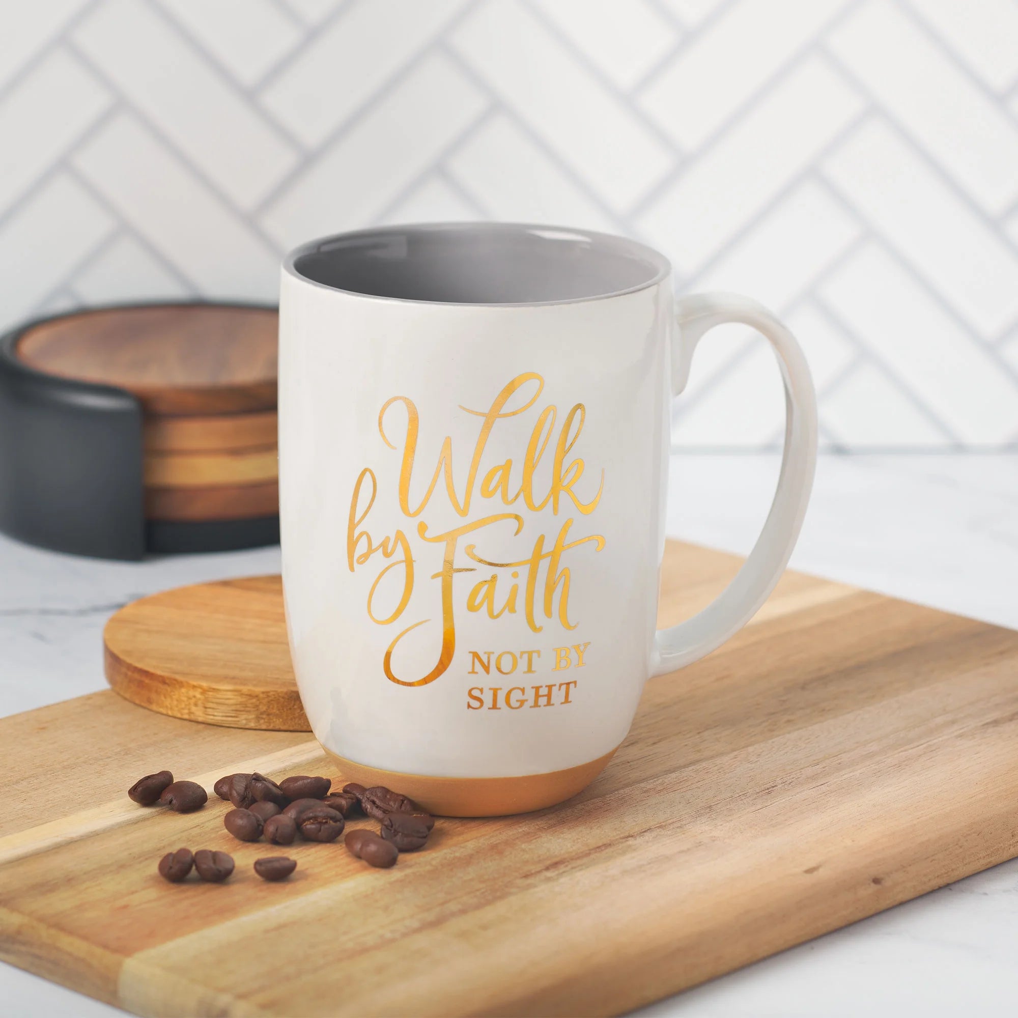 Large Ceramic Novelty Scripture Coffee & Tea Mug for Men & Women: Walk by Faith Inspirational Bible Verse W/Clay Base & Gold, Non-Toxic Lead-Free Drinkware, White & Gray, 15 Oz.