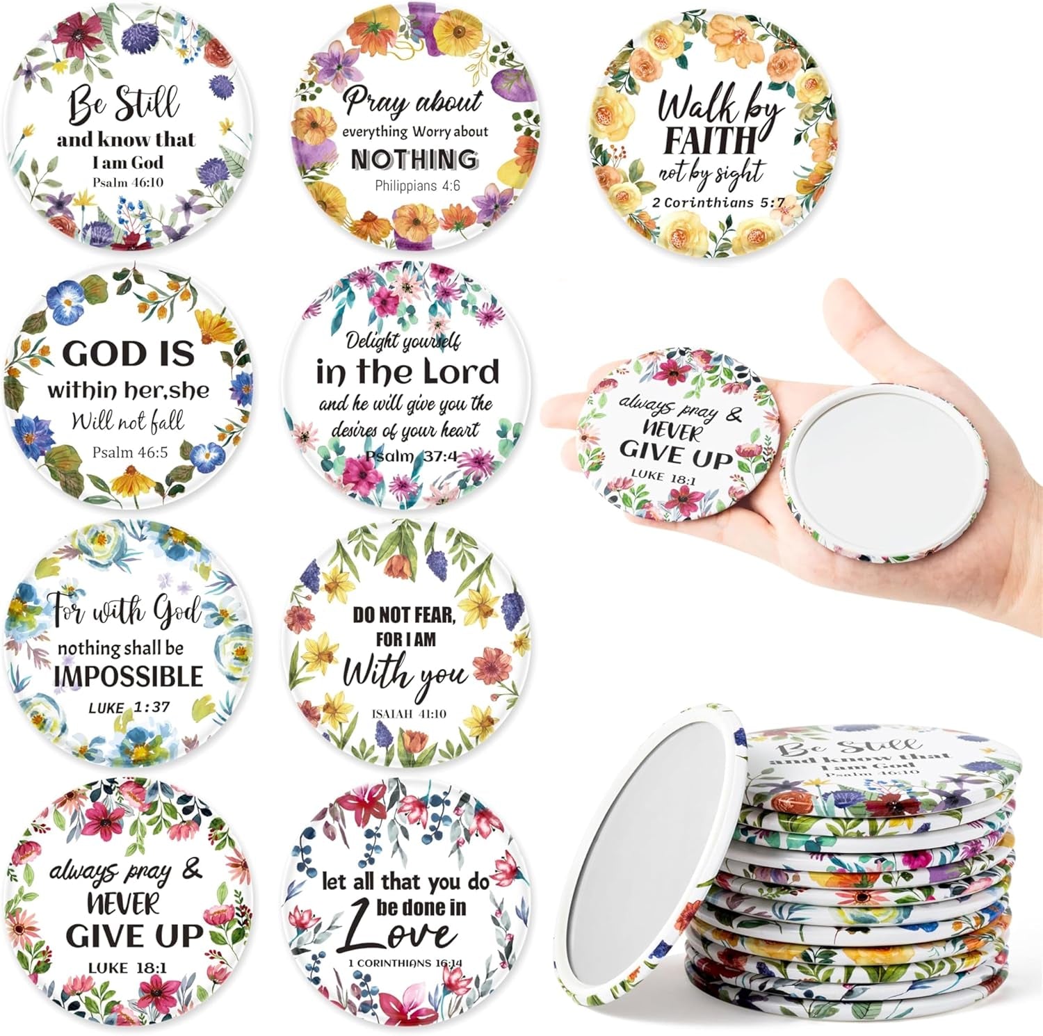 Bible Verse Compact Mirrors - 36Pcs Floral Bible Verse Mini Compact Mirrors Christian Gifts Bulk Inspirational Small Portable round Pocket Makeup Mirror for Purse Church Party Favors for Women
