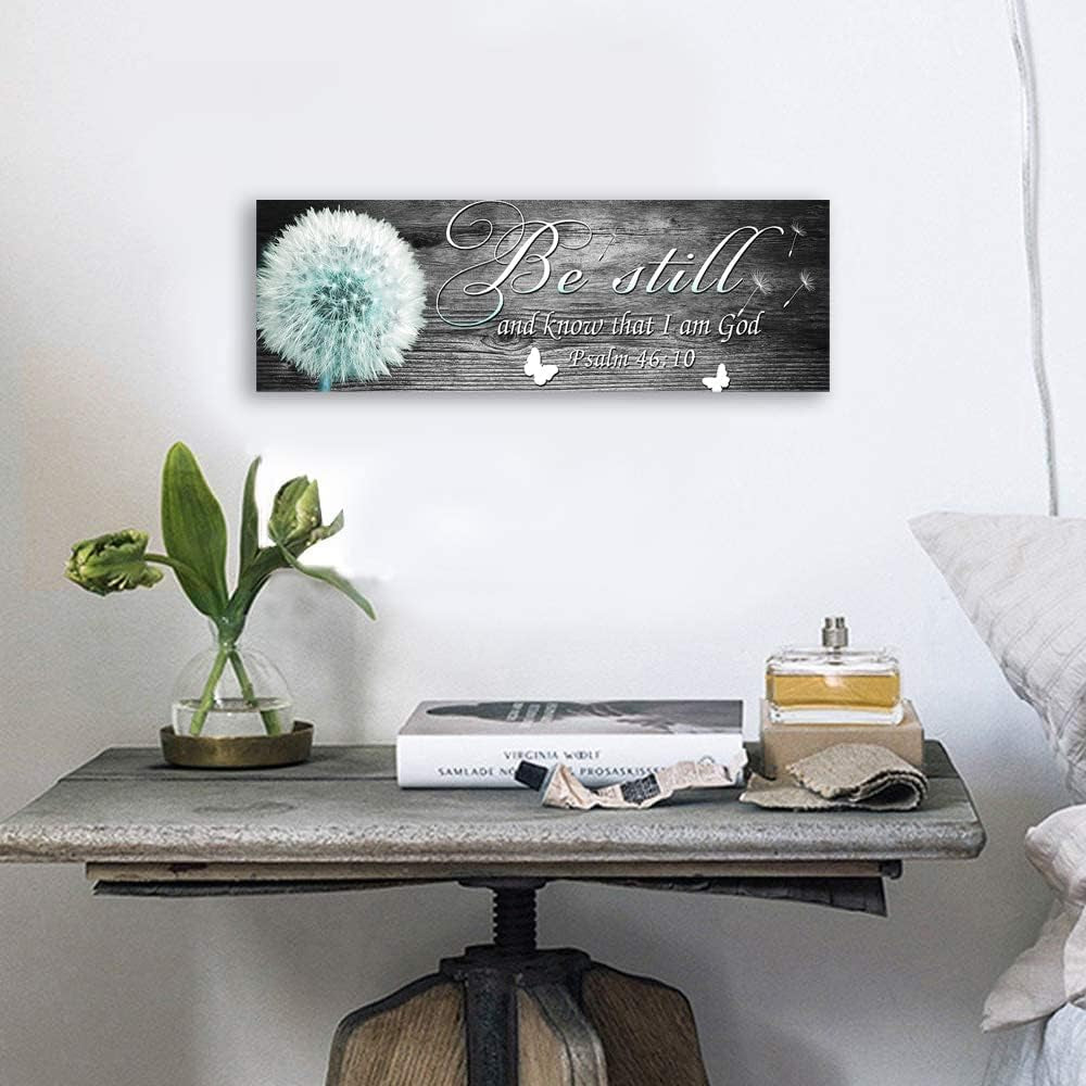Scripture Bible Verse Wall Art Rustic Farmhouse Grey Dandelion Canvas Print Artwork Be Still and Know Inspirational Sign Wall Art Decor for Office Living Room Home Decor Framed Ready to Hang 6"X17"