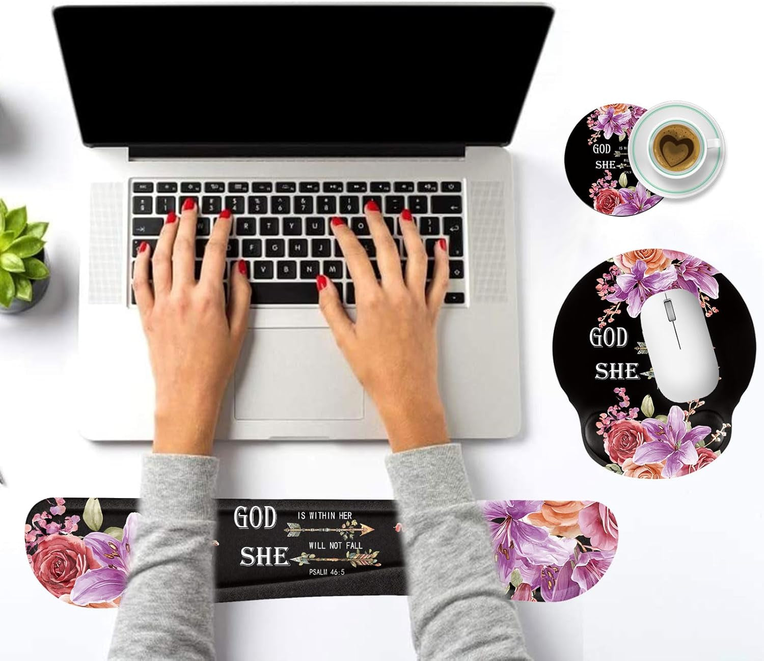 Keyboard Wrist Rest and Mouse Pad Wrist Support Set with Coasters,Ergonomic Gaming Mousepad for Home Office Working Studying Easy Typing & Pain Relief,Flower Bible Verse Psalm 46-5