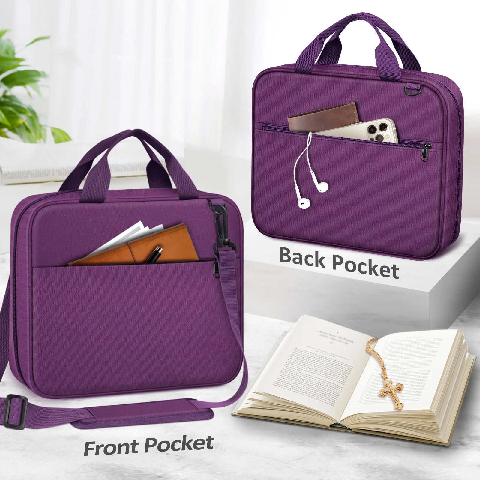 Extra Large Bible Cover, Carrying Book Case Church Bag Bible Protective with Detachable Shoulder Strap & Zippered Pocket, Gift for Men Women, Purple