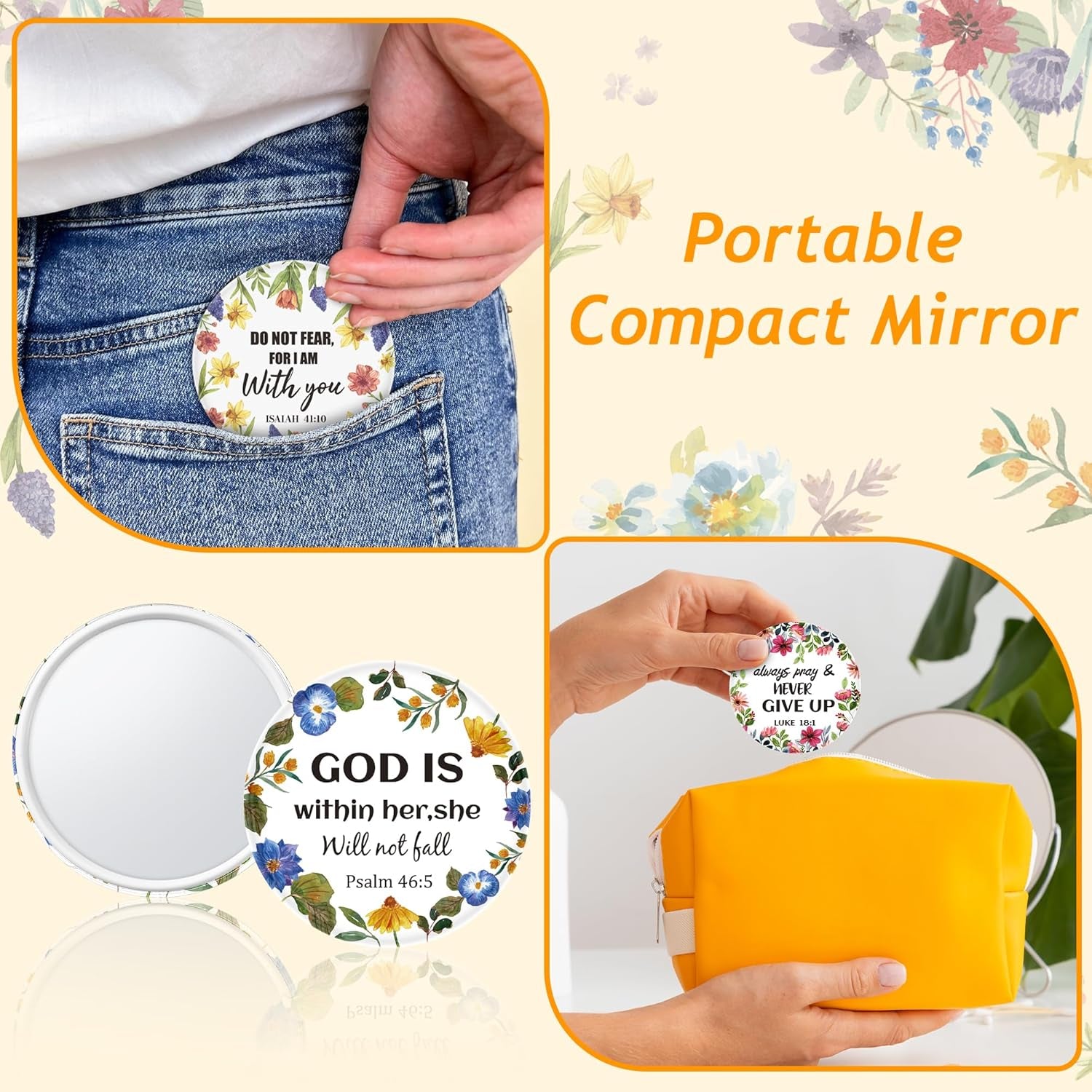 Bible Verse Compact Mirrors - 36Pcs Floral Bible Verse Mini Compact Mirrors Christian Gifts Bulk Inspirational Small Portable round Pocket Makeup Mirror for Purse Church Party Favors for Women