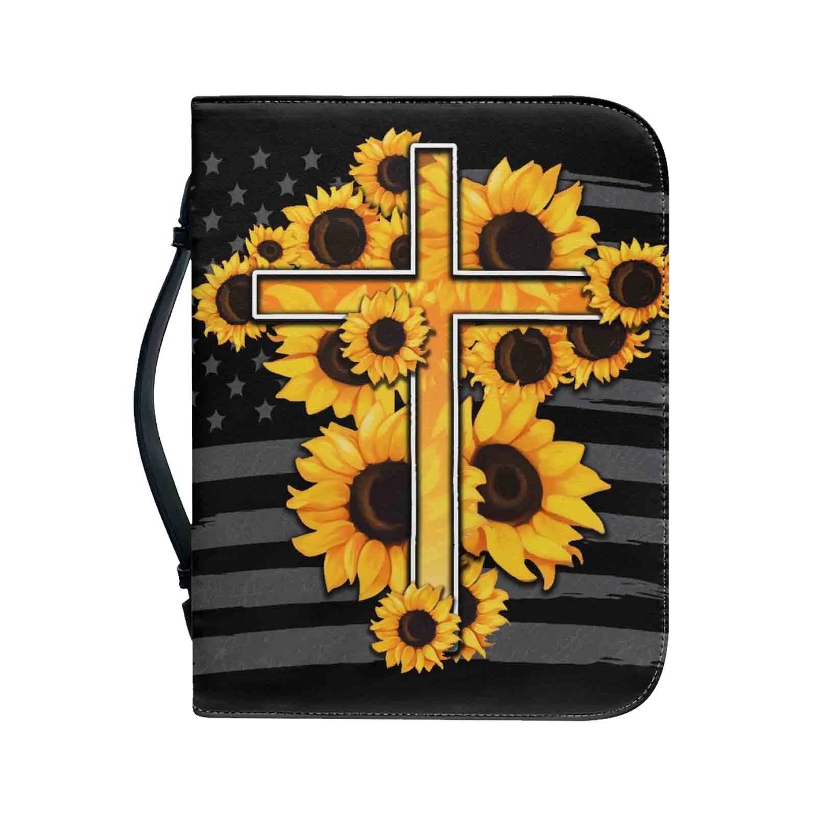 Floral Cross Bible Covers for Women, Christian Bible Book Carrying Bag Scripture Case Church Bag, Bible Protective with Handle Pockets Zippered Pocket