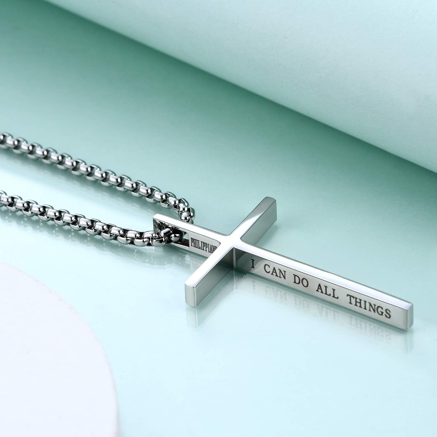 Cross Necklace for Men, Philippians 4:13 Christian Cross Stainless Steel Necklaces for Men