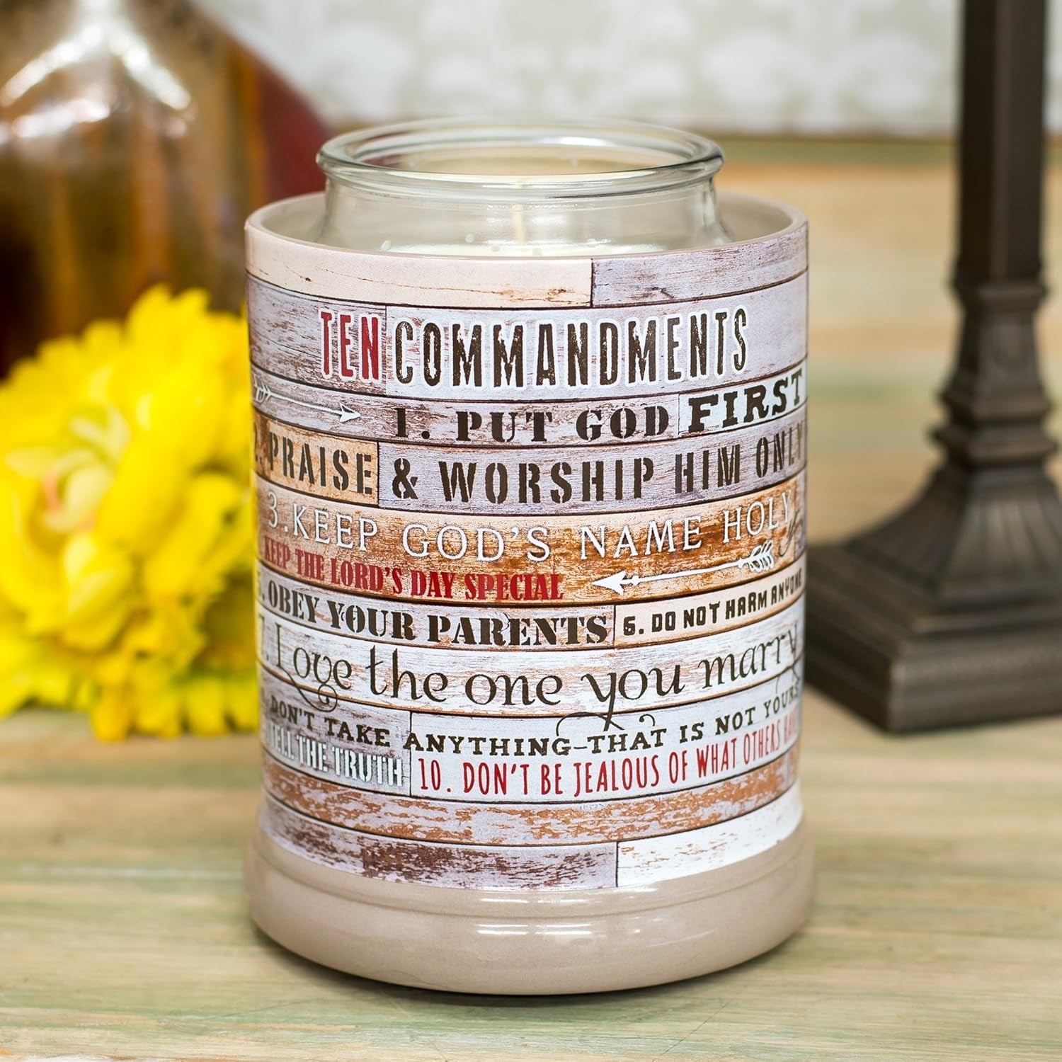 Ten Commandments Pallet Wood Look Ceramic Stoneware Electric Jar Candle Warmer