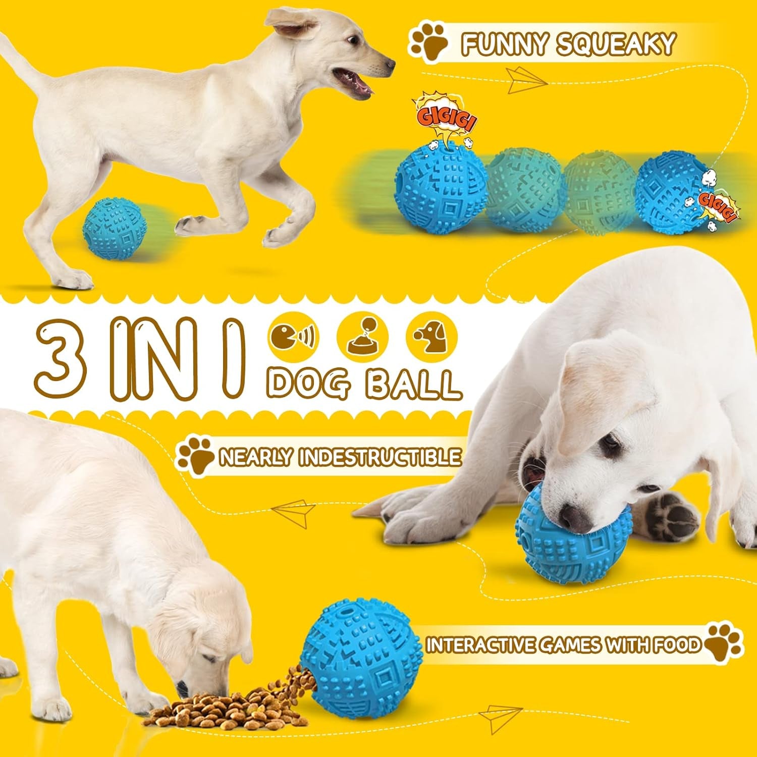 Indestructible Squeaky Dog Chew Toys for Large Breeds, Treat Dispensing Puzzle Toys, Natural Rubber Balls