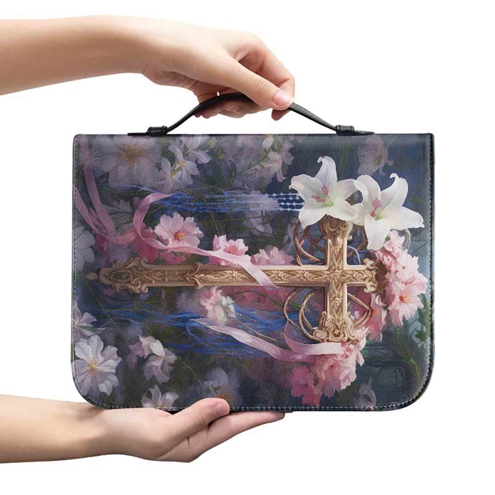 Floral Cross Bible Covers for Women, Christian Bible Book Carrying Bag Scripture Case Church Bag, Bible Protective with Handle Pockets Zippered Pocket