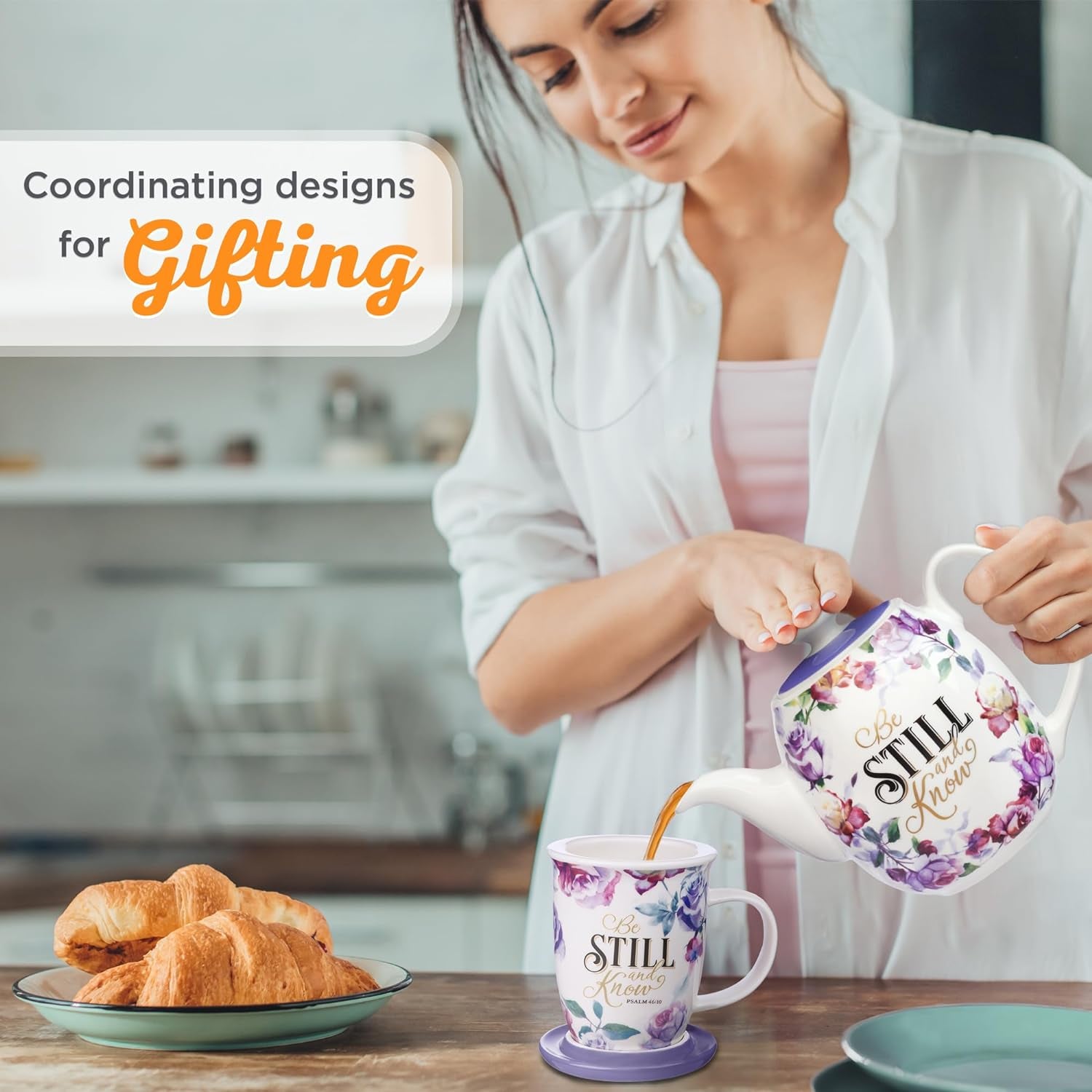 Rose Floral Ceramic Coffee Mug with Purple Lid – 13 Oz. Lead and Cadmium-Free Inspirational Scripture Coffee and Tea Mug for Women with Bible Verse: Be Still and Know – Psalm 46:10