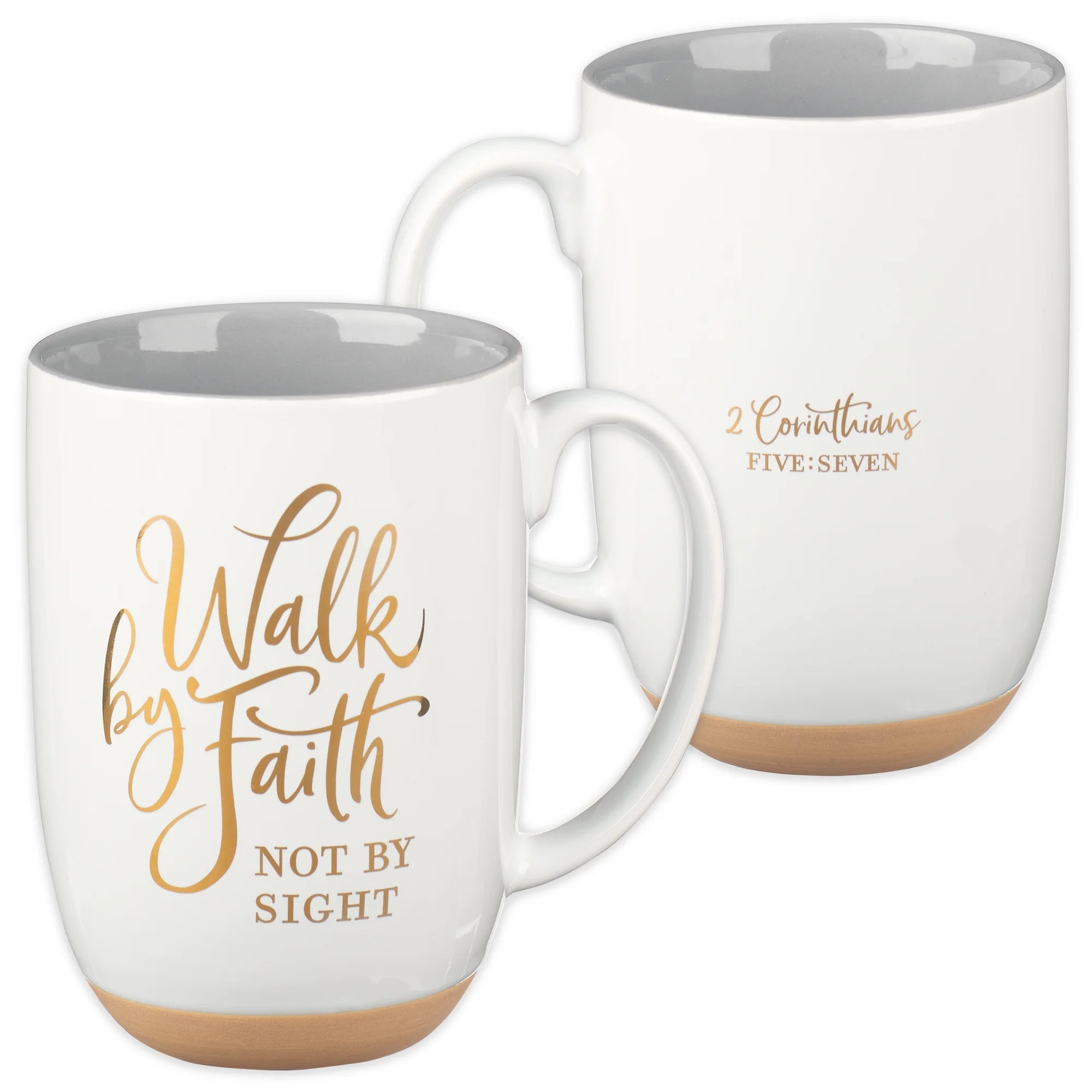 Large Ceramic Novelty Scripture Coffee & Tea Mug for Men & Women: Walk by Faith Inspirational Bible Verse W/Clay Base & Gold, Non-Toxic Lead-Free Drinkware, White & Gray, 15 Oz.