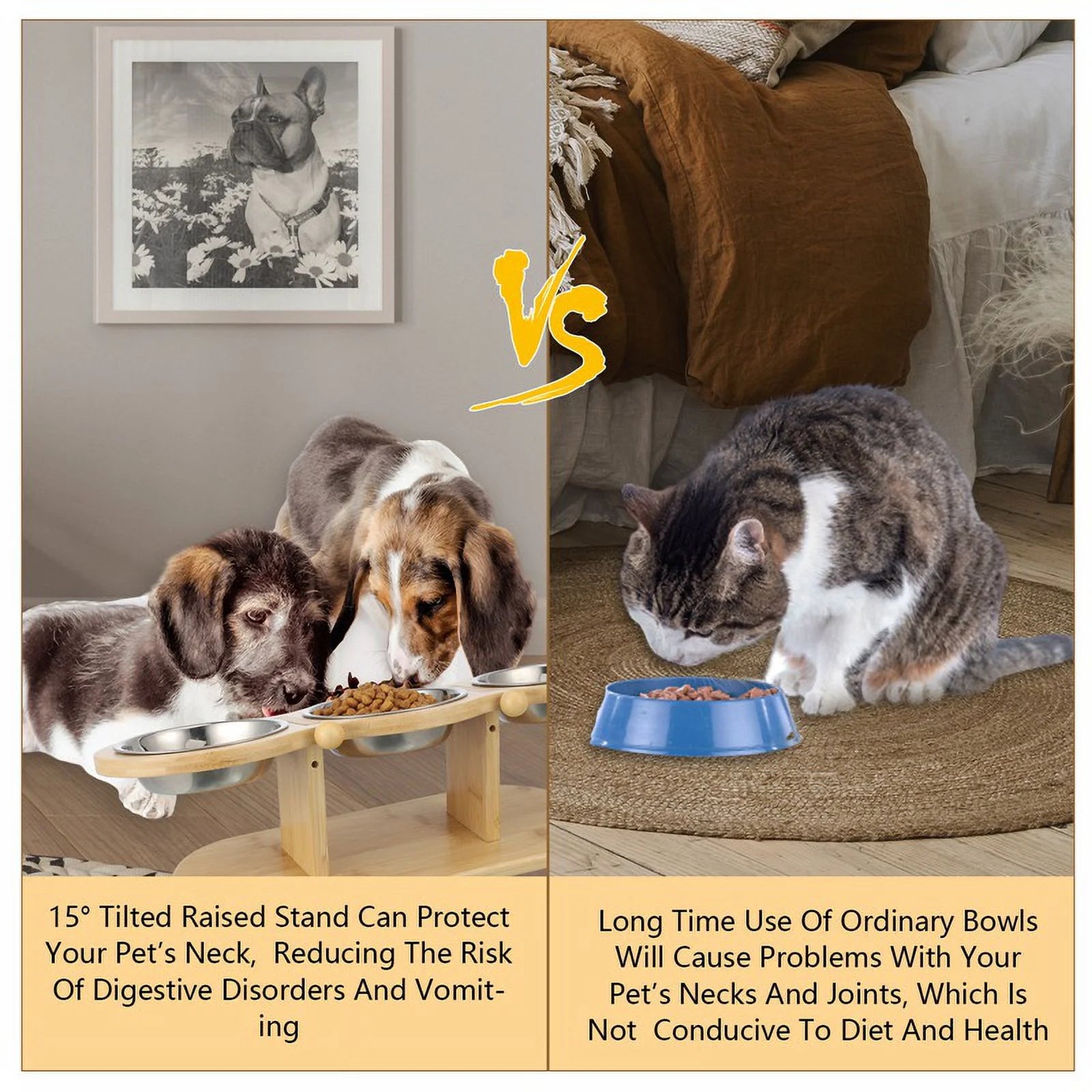 Wooden Elevated Cat Bowls, 15Â° Tilted Raised Pet Food Bowls, Adjustable Cat Dog Bowl Feeding Station with 3 Stainless Steel Bowls for Cats Puppy Small Dogs Feeder