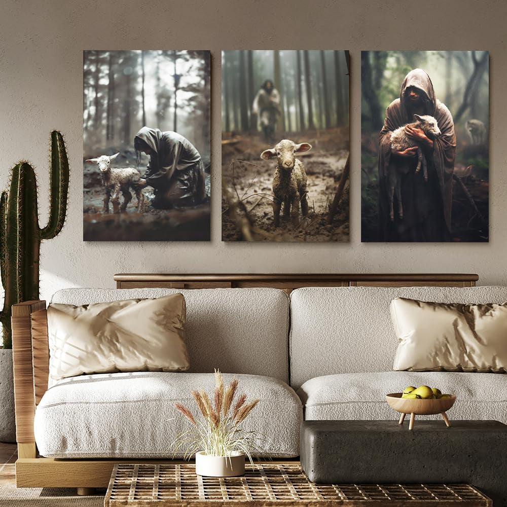 Jesus and Lamb Canvas Wall Art Set of 3 Jesus Running after Lost Lamb Picture Wa
