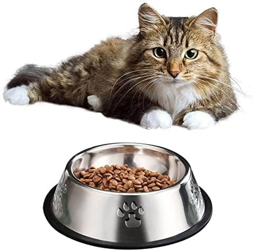 2 Stainless Steel Dog Bowls, Puppy Kitten Feeding Bowls, Shallow Cat Dish with Rubber Base, Mini and Small Pet Feeder Food Water Plate (S-11Oz)