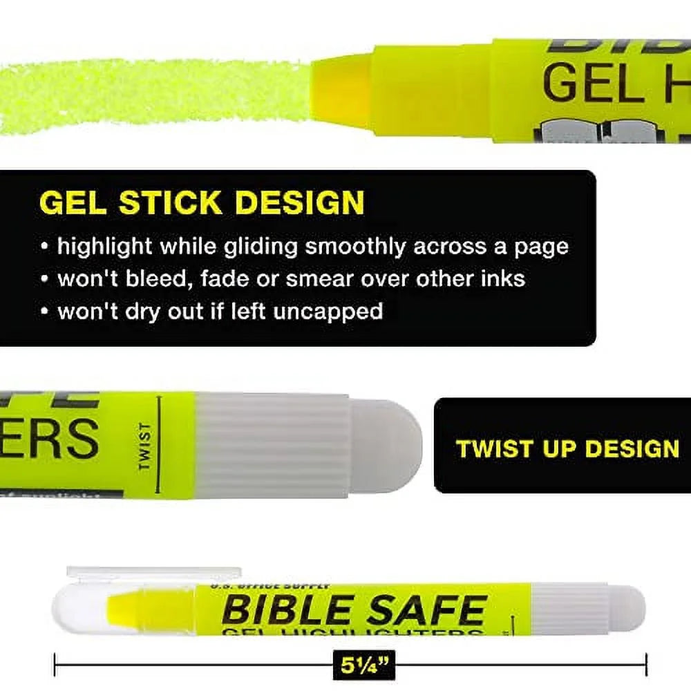 Bible Safe Highlighter Set of 6 Yellow Bright Fluorescent Markers, Dry Bible Highlighters No Bleed, Fade or Smear, Safe Gel Markers, Accessories, Study Guide