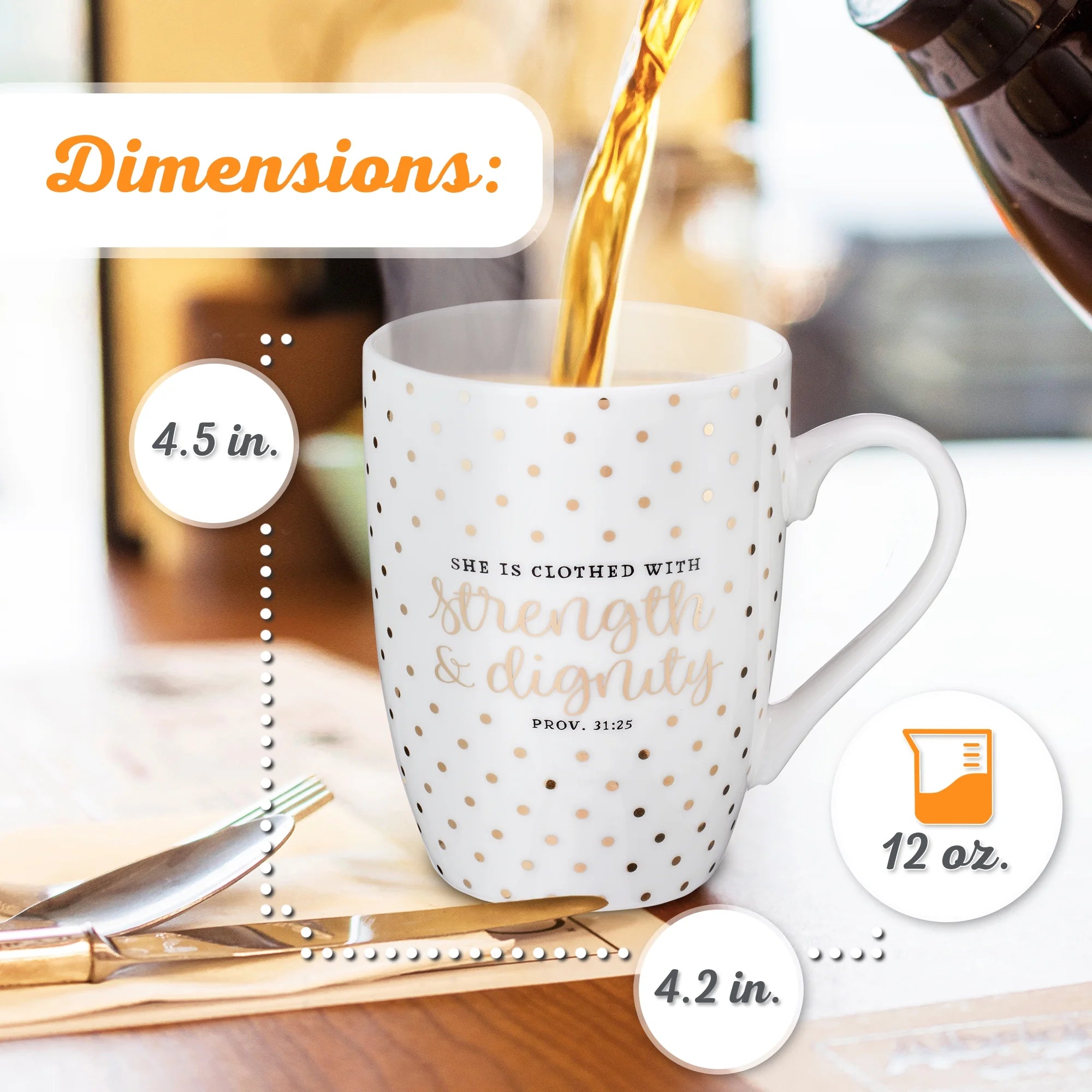 Inspirational Novelty Ceramic Coffee & Tea Scripture Mug for Women: Strength & Dignity Encouraging Bible Verse Proverb, Gold Polka Dots, Lead & Cadmium-Free Non-Toxic Cup, 12 Oz.