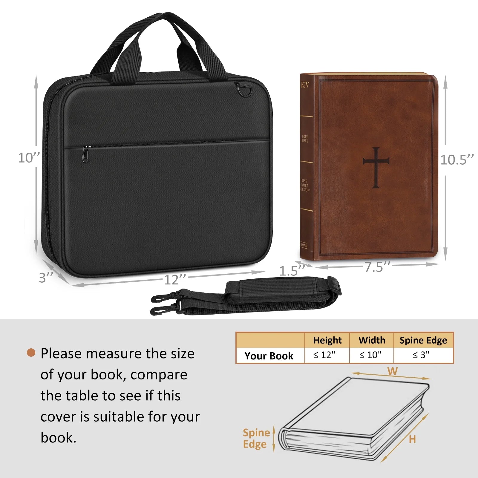 Extra Large Bible Cover, Carrying Book Case Church Bag Bible Protective with Detachable Shoulder Strap & Zippered Pocket, Gift for Men Women, Black