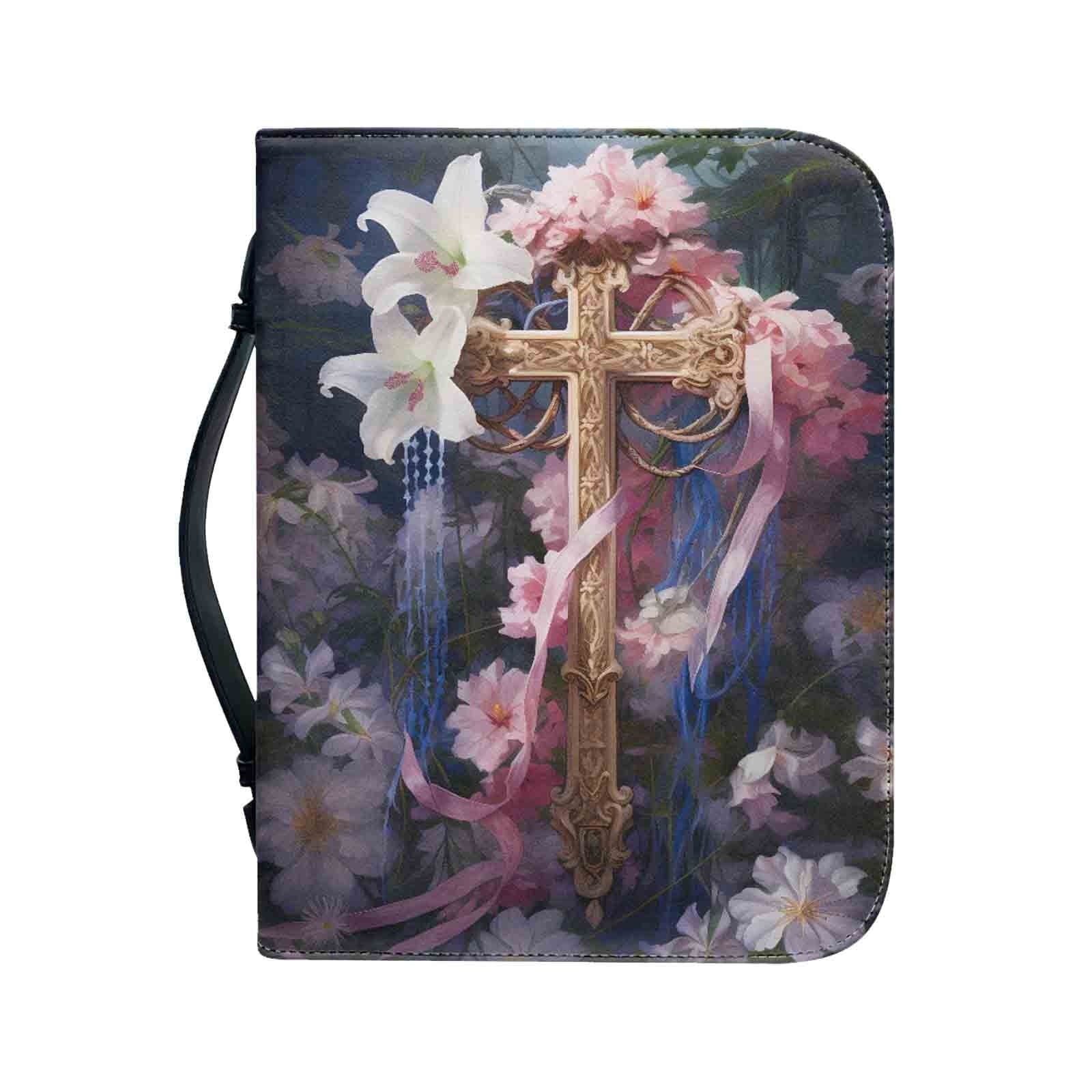 Floral Cross Bible Covers for Women, Christian Bible Book Carrying Bag Scripture Case Church Bag, Bible Protective with Handle Pockets Zippered Pocket