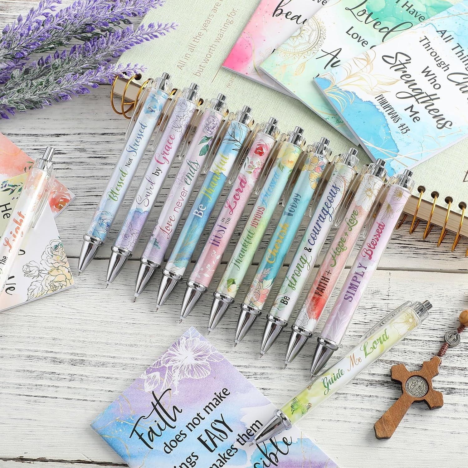 24 Pcs Christian Bulk Gifts for Women Bible Verse Pens Bible Notebooks Christian Gifts Set Scripture Ballpoint Pens Bible Quote Notepads Religious Notebooks Gifts for Women Men (Flower)