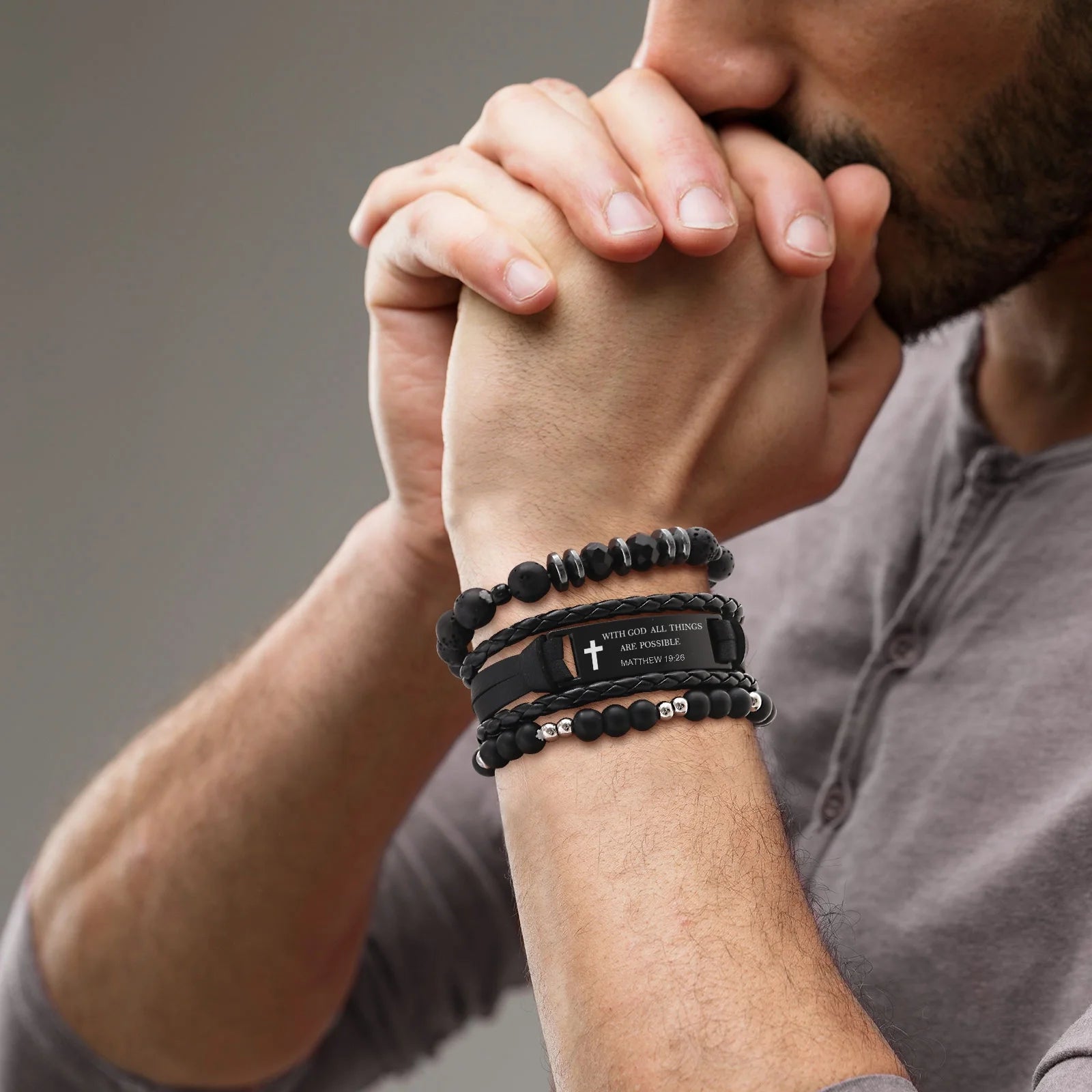 Christian Bible Verse Bracelets for Men, 3 Pcs Inspirational Religious Scripture Quotes Black Onyx Lava Rock Bead Cross Braided Leather Jesus Bracelet, First Communion Confirmation Baptism Gifts