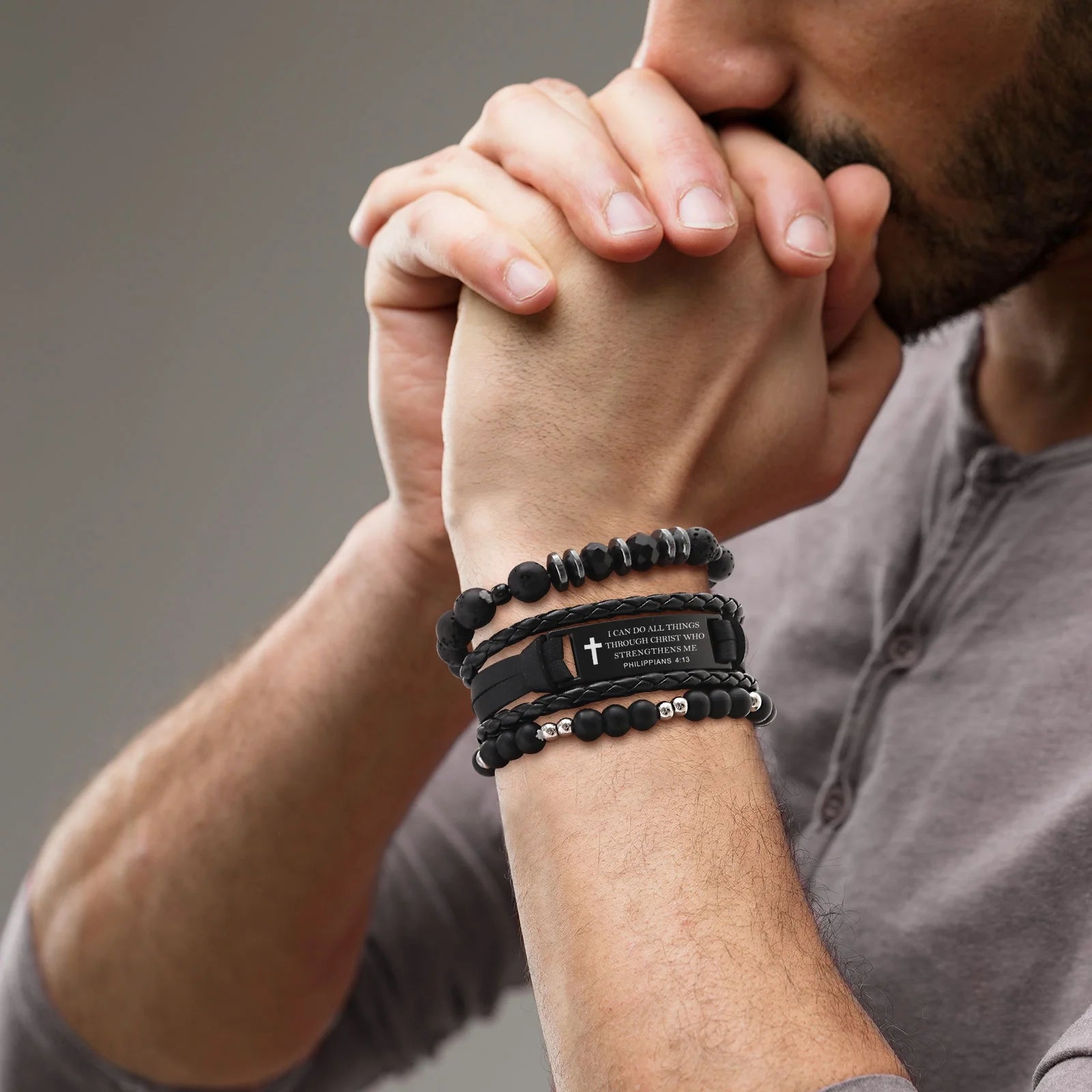 Christian Bible Verse Bracelets for Men, 3 Pcs Inspirational Religious Scripture Quotes Black Onyx Lava Rock Bead Cross Braided Leather Jesus Bracelet, First Communion Confirmation Baptism Gifts