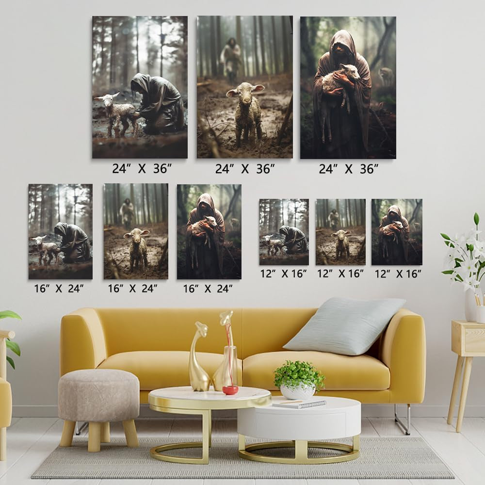 Jesus and Lamb Canvas Wall Art Set of 3 Jesus Running after Lost Lamb Picture Wa
