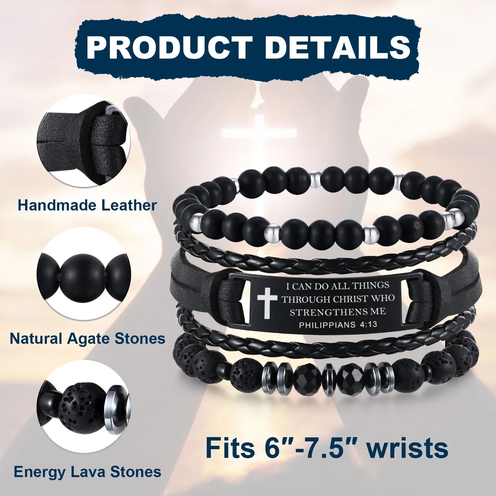 Christian Bible Verse Bracelets for Men, 3 Pcs Inspirational Religious Scripture Quotes Black Onyx Lava Rock Bead Cross Braided Leather Jesus Bracelet, First Communion Confirmation Baptism Gifts