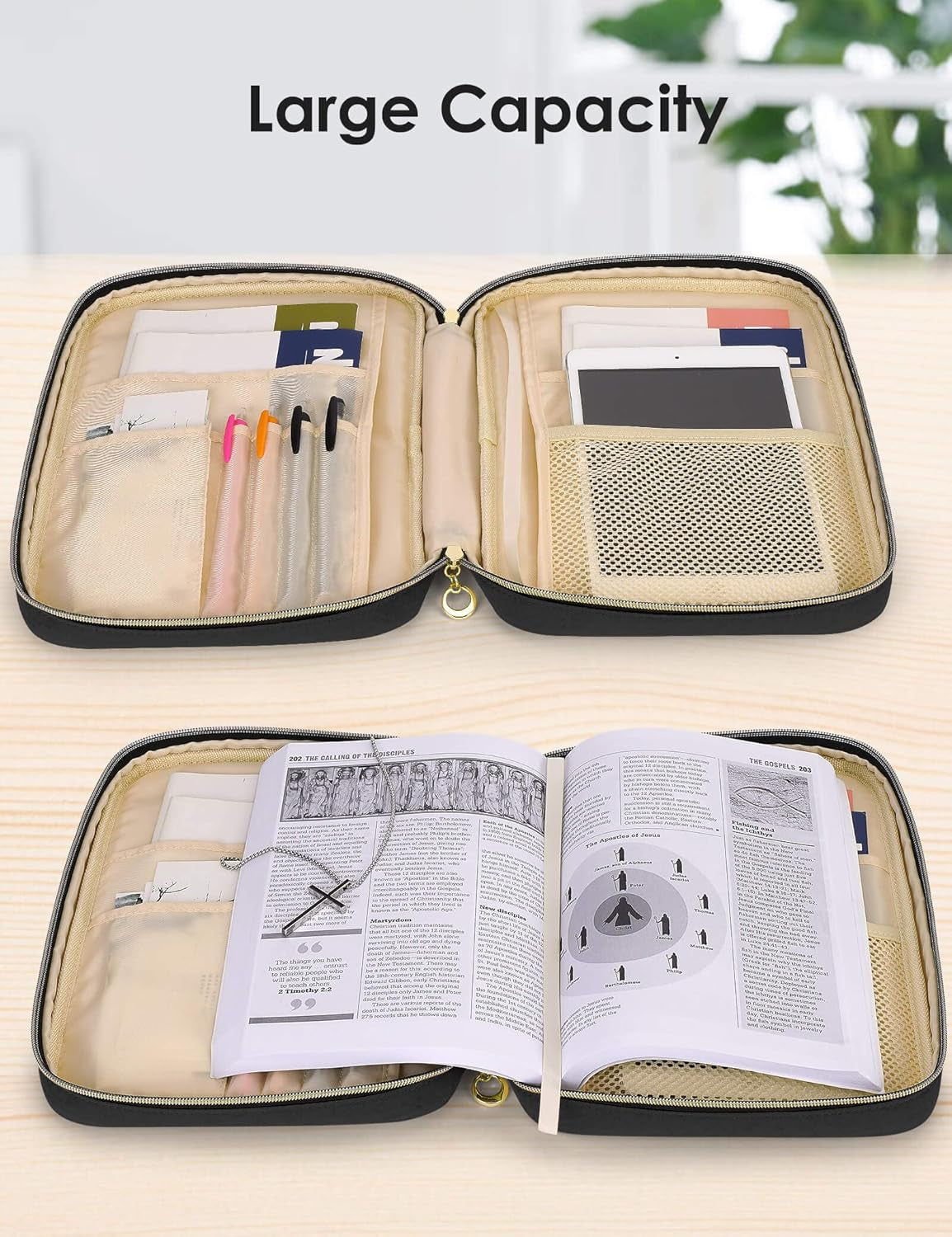 Bible Cover Case for Women, Bible Study Supplies, Bible Journaling Kit, 6 No Bleed Bible Highlighters and Pens, 75 Bible Tabs, Large Size Zippered Bible Bags (Black)