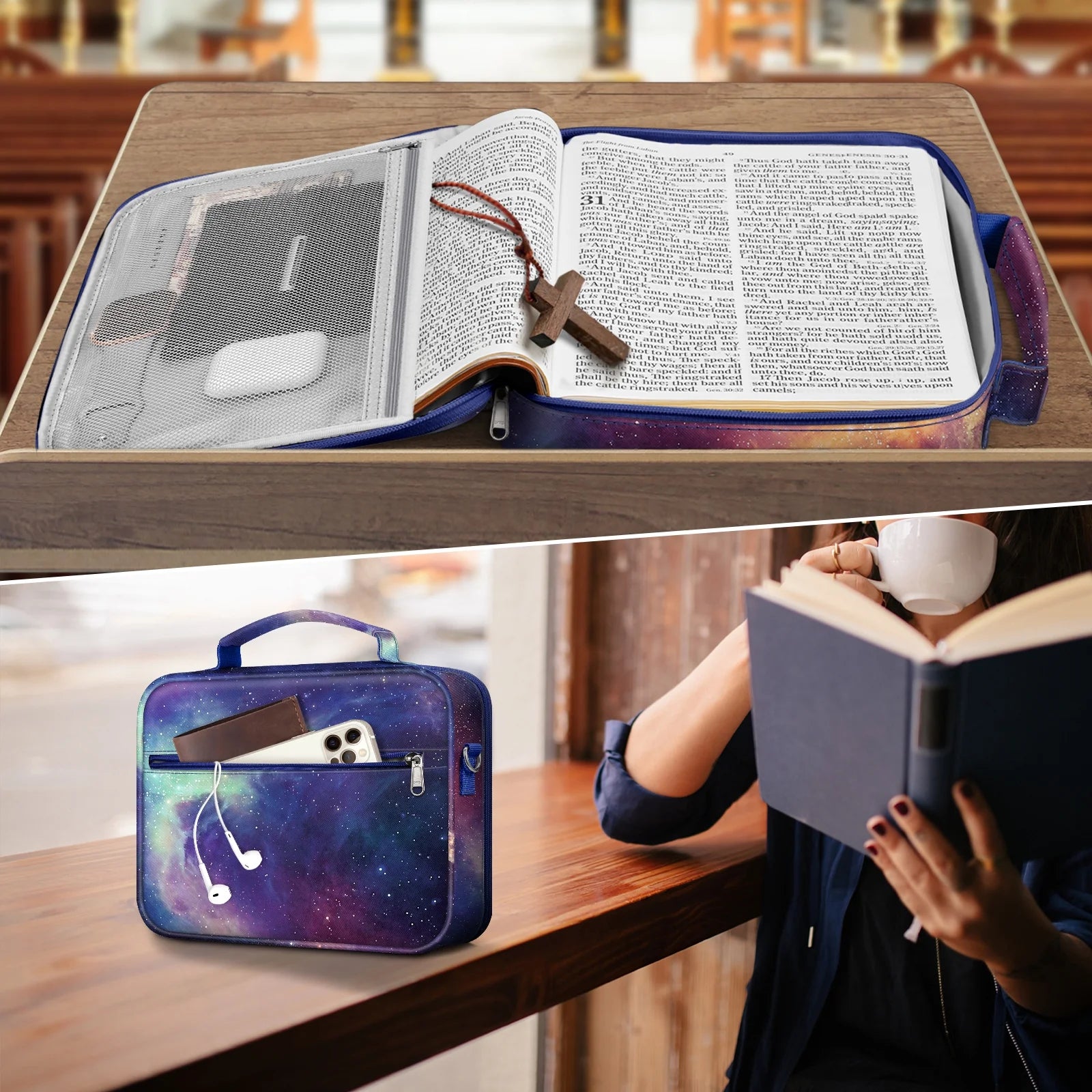 Large Bible Cover with Shoulder Strap, Durable Carrying Case, Bible Protection, Ideal Gift for Female Women, Galaxy