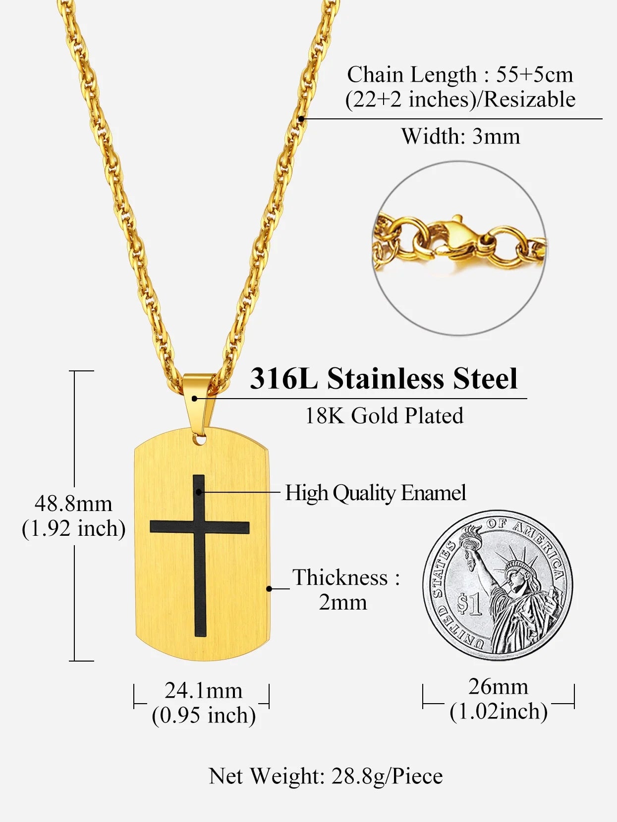 Cross Necklace for Men Stainless Steel Dog Tag Bible Verse Gold Plated Pendant Chain Christmas Jewelry Gifts for Son