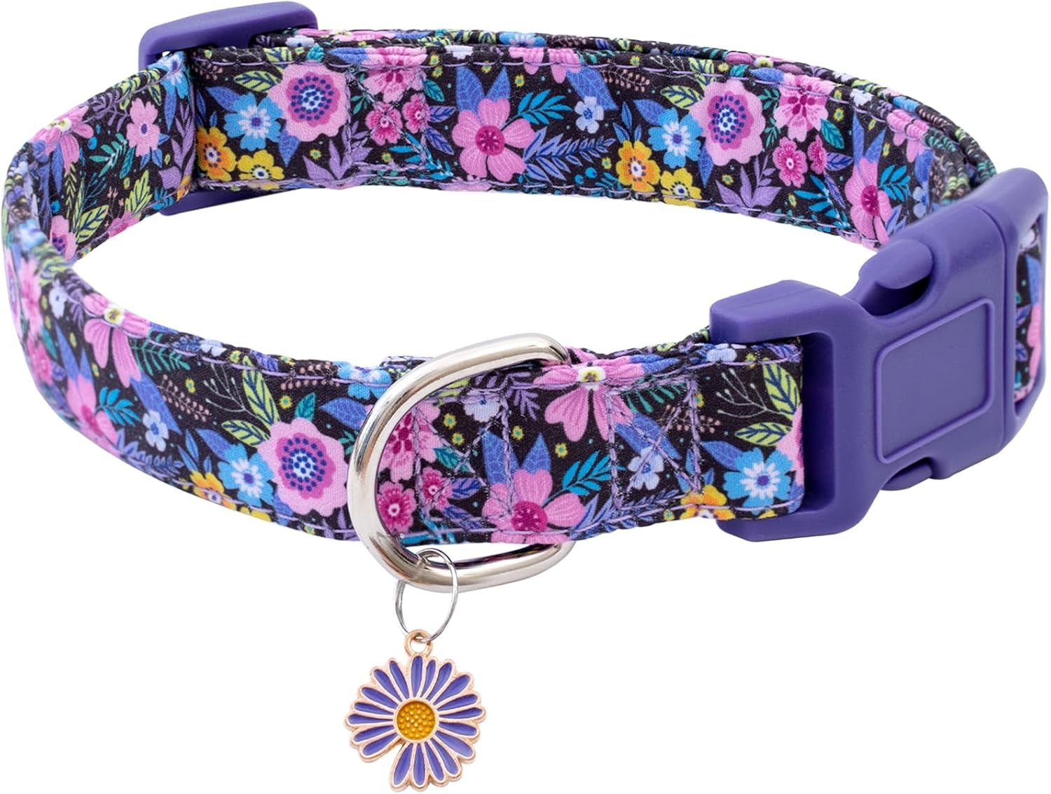 Cotton Dog Collar Cute Dog Collars for Small Medium Large Dogs Purple Floral Colored Options Soft and Fancy Pet Collars for Girls Flower Pattern for Girl Dog Collar L