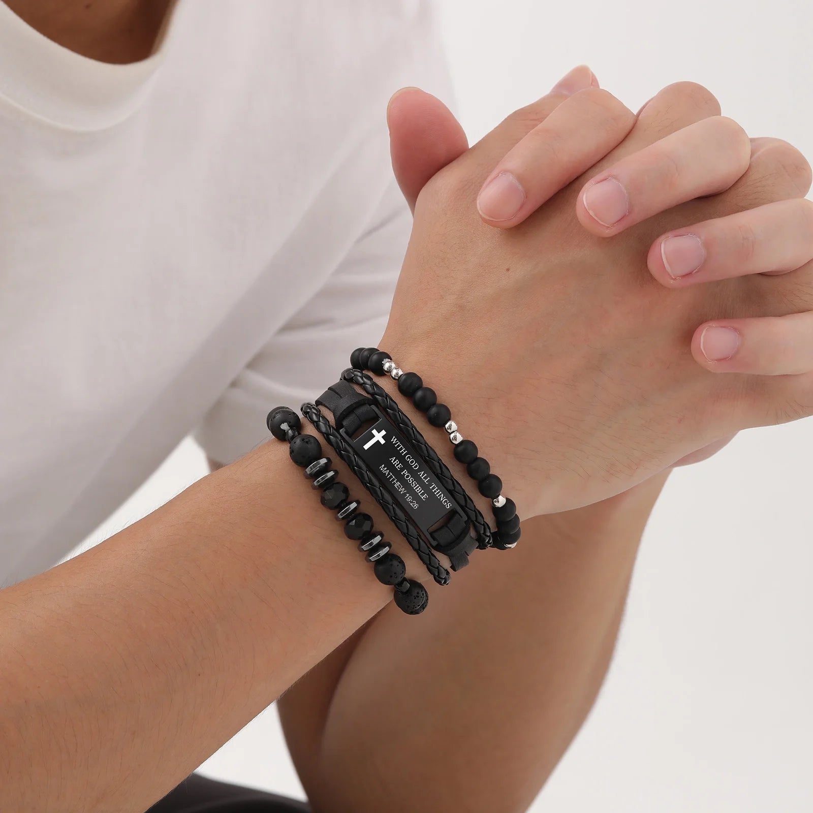 Christian Bible Verse Bracelets for Men, 3 Pcs Inspirational Religious Scripture Quotes Black Onyx Lava Rock Bead Cross Braided Leather Jesus Bracelet, First Communion Confirmation Baptism Gifts