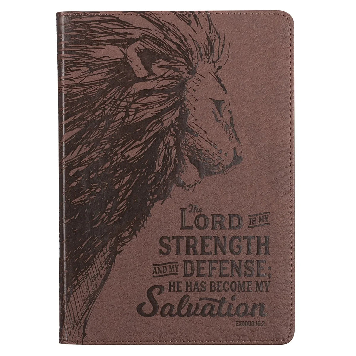 Classic Journal My Strength My Defense Lion Exodus 15:2 Inspirational Scripture Notebook, Ribbon Marker, Brown Faux Leather Flexcover, 336 Ruled Pages