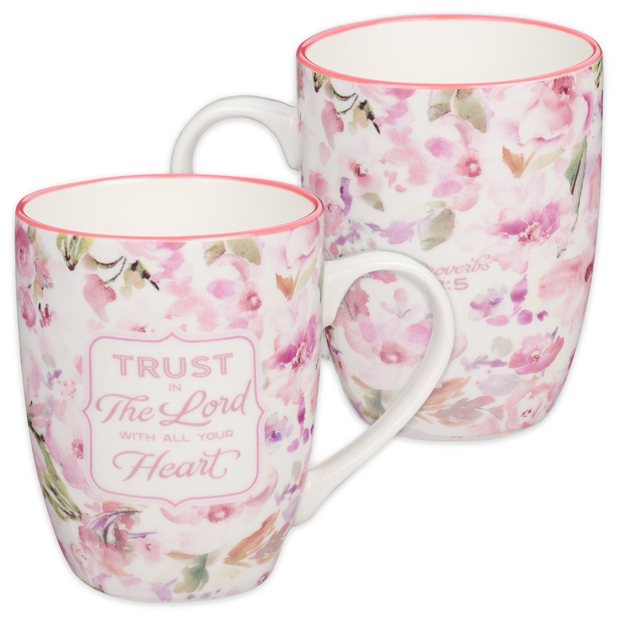 Encouraging Ceramic Coffee & Tea Bible Verse Mug for Women: Trust in the Lord Inspirational Scripture Proverb, Microwave & Dishwasher Safe, White & Pink Watercolor Floral, 12 Oz.