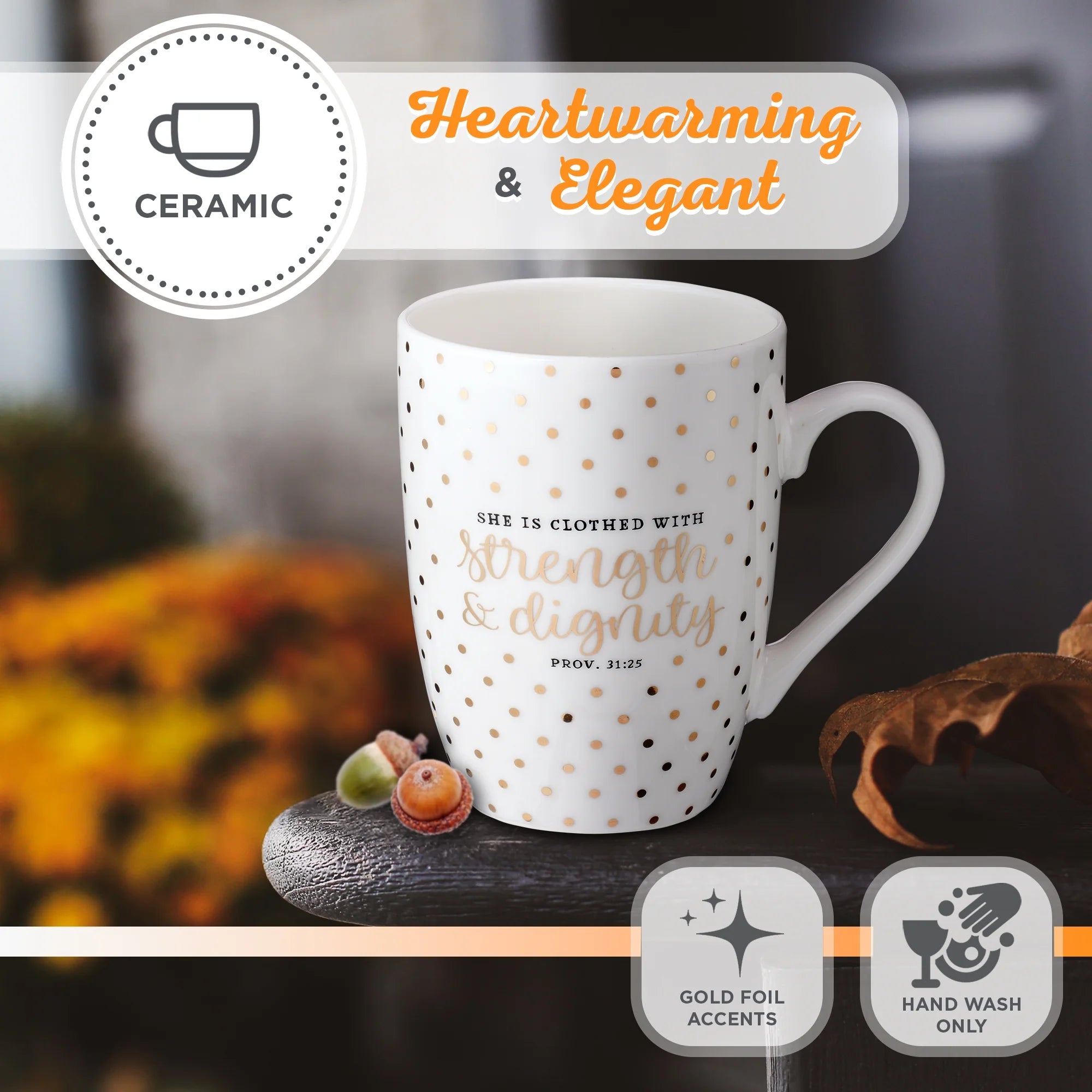 Inspirational Novelty Ceramic Coffee & Tea Scripture Mug for Women: Strength & Dignity Encouraging Bible Verse Proverb, Gold Polka Dots, Lead & Cadmium-Free Non-Toxic Cup, 12 Oz.