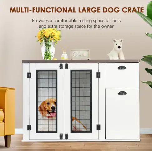 Furniture Style Dog Cage, Wooden Dog Crate, Double Door, Side Cabinet Dog Cage